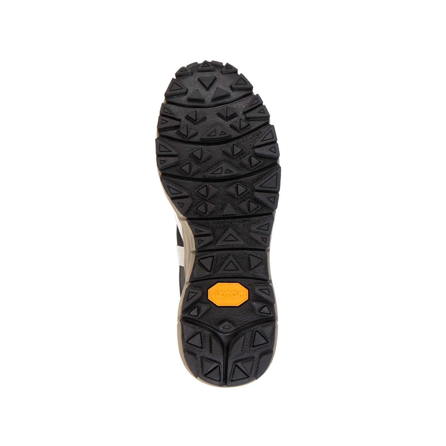 Das Bild zeigt die Sohle des Veja Dekkan Alvmesh Black-Oxford Grey-Tonic mit einem schwarz strukturierten Silica-Profil und einem orangefarbenen Vibram-Logo im Fersenbereich auf weißem Hintergrund.