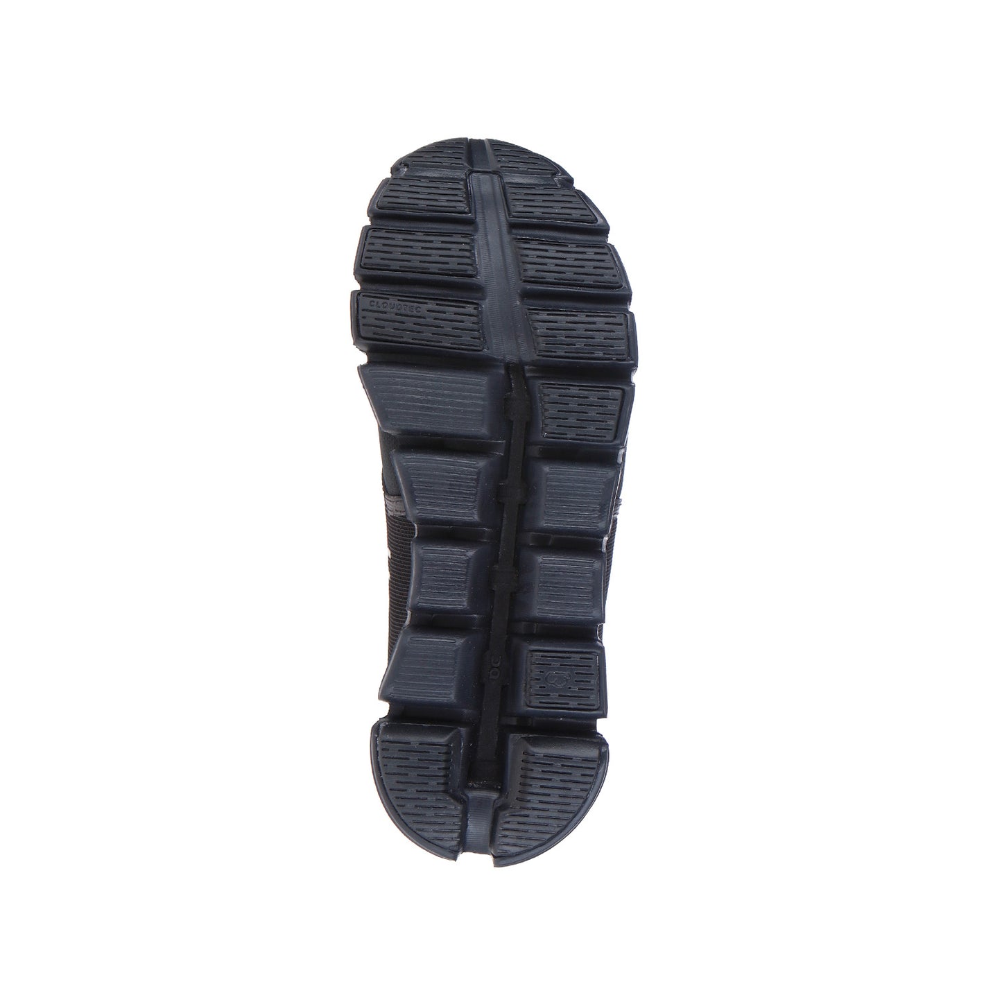 Die Abbildung zeigt die schwarze Gummisohle des On Cloud 5 Waterproof Wmn All Black Schuhs, von unten gesehen. Tiefe Rillen und strukturierte Muster sorgen für Grip und Traktion. Das ultraleichte Design bietet Komfort vor einem schlichten weißen Hintergrund.