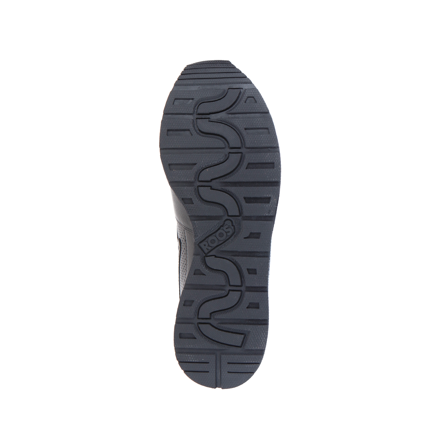 Das Bild zeigt die Unterseite einer dunklen VOLTERA Coil Black Sneakersohle von KangaROOS, die mit ihrem strukturierten Profil und dem "ROOS" in der Mitte den Gentleman-Sneakers-Stil unterstreicht.