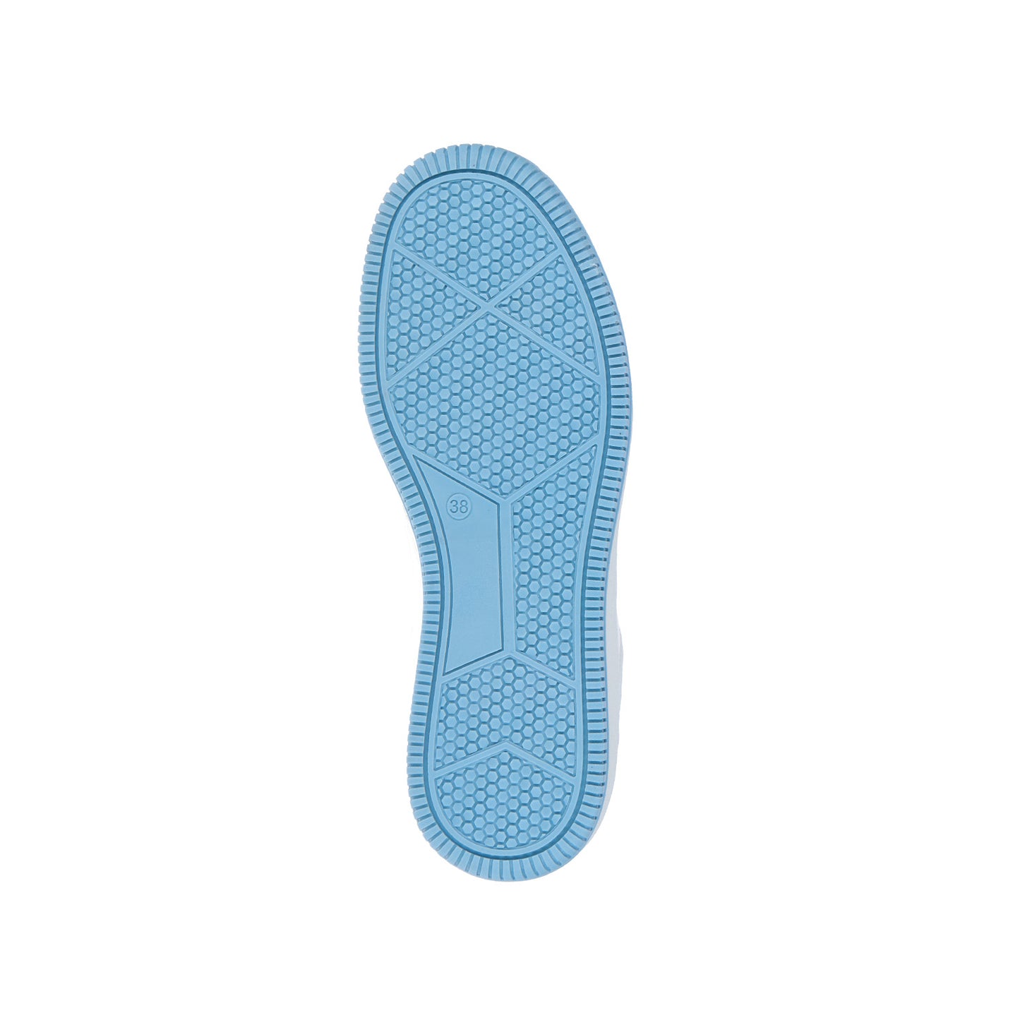 Der MoEa GEN1 SPORT PET White & Sky Blue verfügt über eine hellblaue Sohle mit einem strukturierten Muster aus kleinen Sechsecken und geometrischen Linien für Grip. Hergestellt teilweise aus recycelten PET-Flaschen, ist die Größe 38 in einem Kreis in der Nähe der Mitte markiert.
