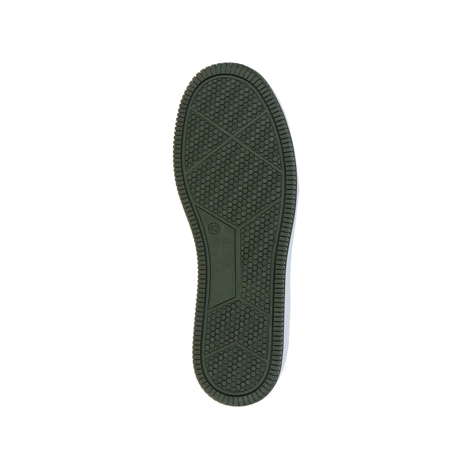 Das Bild zeigt die GEN1 All-In V2 Sneaker-Sohle von MoEa mit einer strukturierten grünen Gummioberfläche mit kleinen Sechsecken und sich kreuzenden Linien für den Grip. Die nachhaltige Sohle ist auf einem schlichten weißen Hintergrund zentriert.