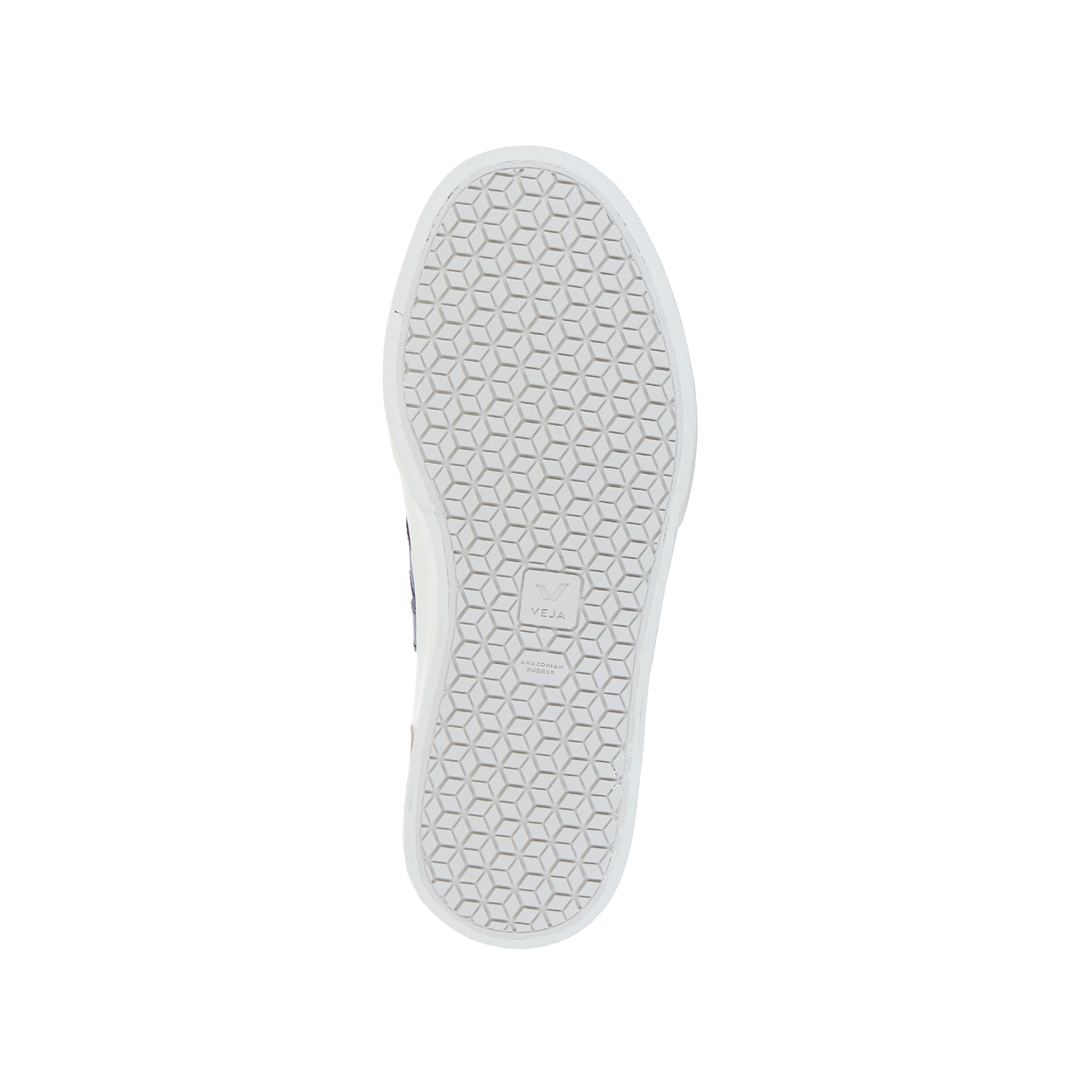 Das Bild zeigt die Sohle des CAMPO Extra White/Black von Veja, die ein weißes Profil mit einem sechseckigen Muster und einem geprägten "VEJA" in der Mitte aufweist. Die Sohle ist aus Chromfree-Leder gefertigt und wird auf einem einfarbig weißen Hintergrund gezeigt.