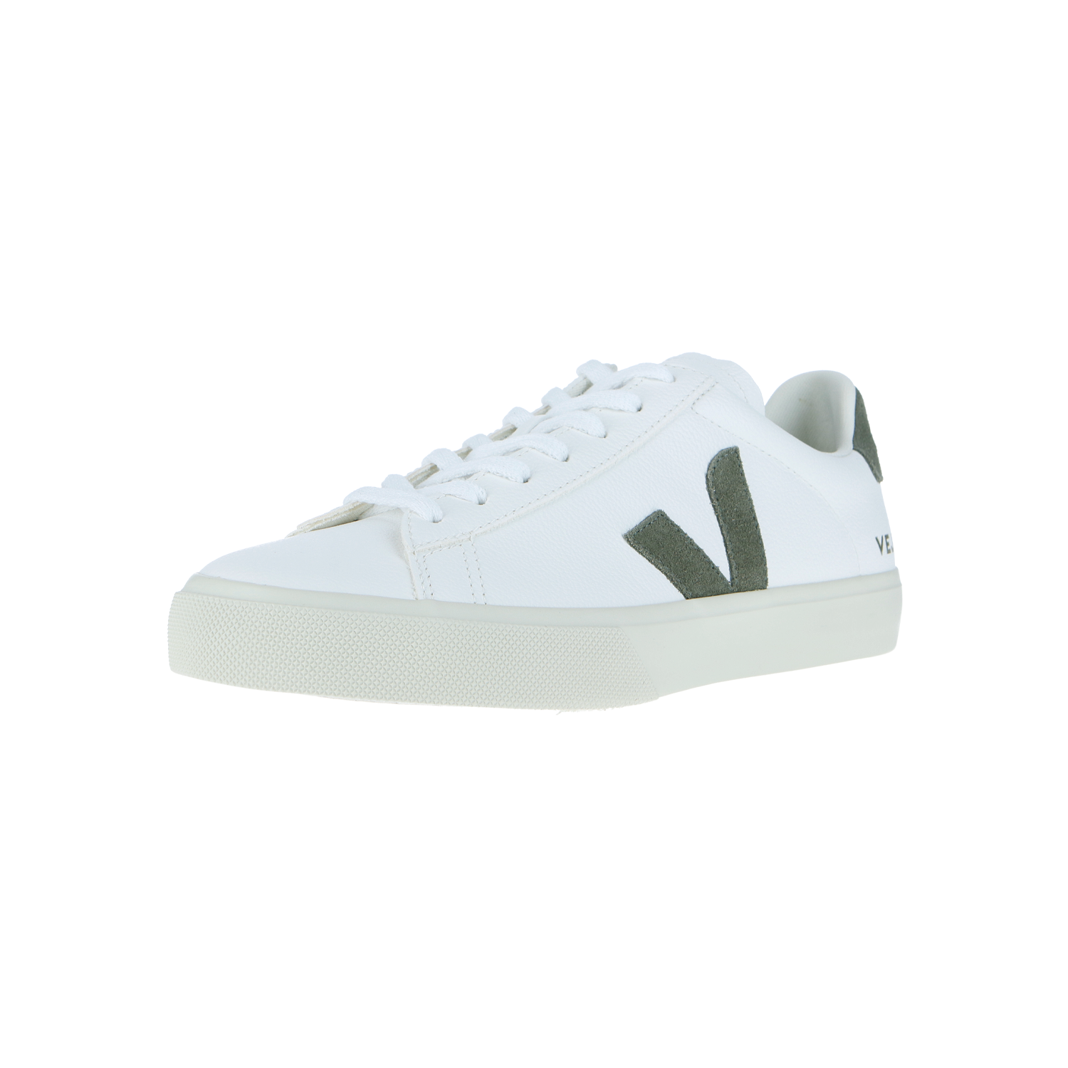 Der Veja CAMPO Extra White/Khaki Sneaker hat ein weißes Obermaterial, eine hellbeige Sohle, weiße Schnürsenkel und ein olivgrünes V-Logo. Er ist aus chromfreiem Leder und Bio-Baumwolle gefertigt und hat ein olivgrünes VEJA-Branding an der Ferse für einen cleanen, minimalistischen Look.
