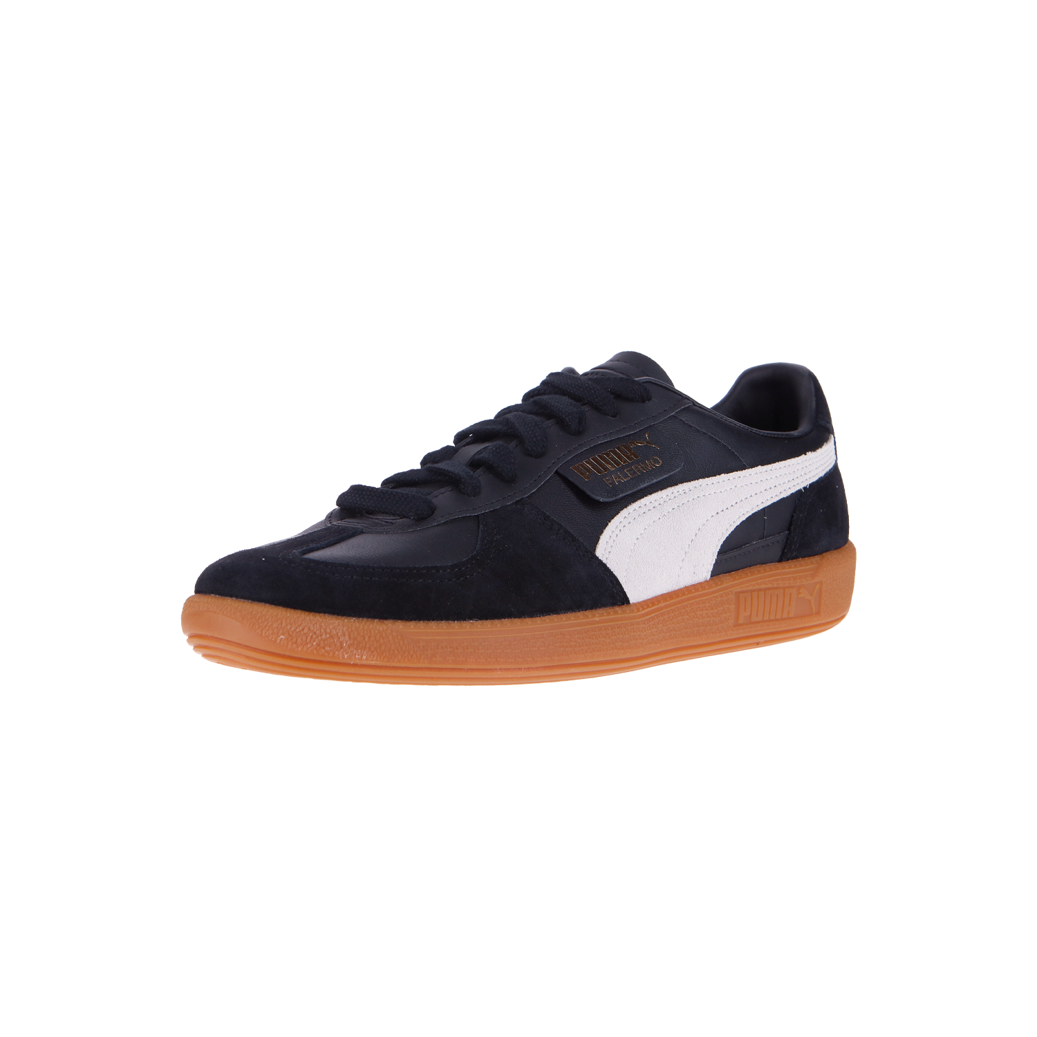 Der Puma Palermo Lth in Black/Feather Gray hat ein Obermaterial aus Leder und eine Gummisohle, mit einem weißen Puma-Streifen und einem goldenen "Palermo"-Schriftzug in der Nähe der Schnürsenkel auf weißem Hintergrund.