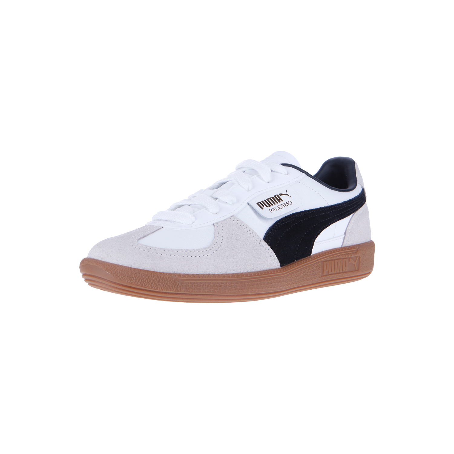 Der Puma Palermo Lth White/Vapor Gray Sneaker verfügt über eine schwarze klassische Gummisohle und einen Streifen, der von den Fußballstadien der frühen 80er Jahre inspiriert ist und die Seite und Vorderseite hervorhebt.