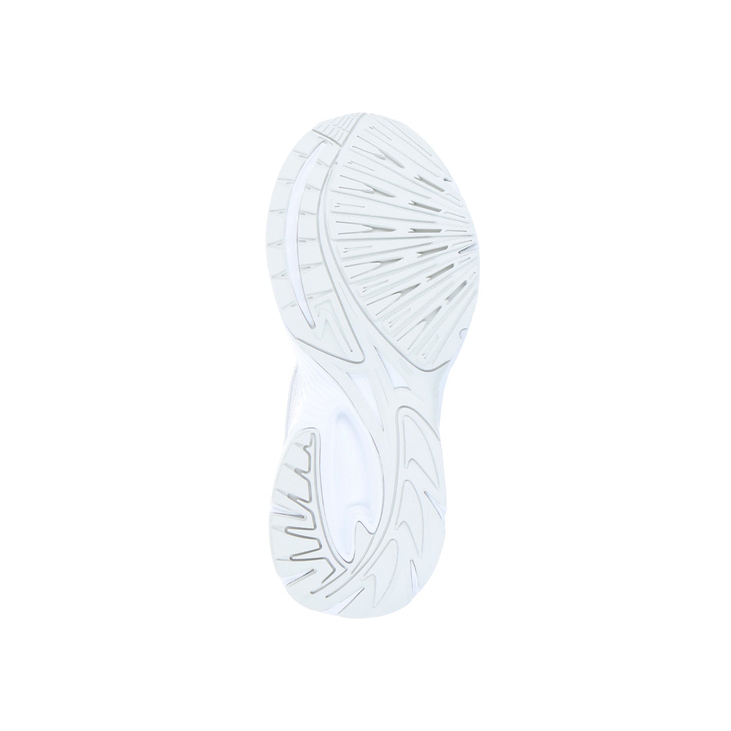 Das Bild zeigt die Sohle eines Puma Morphic Base White/Sedate Gray Sneakers, die mit einem strukturierten, gerillten Profil für Grip und Traktion ausgestattet ist. Der schlichte weiße Hintergrund unterstreicht seine sportliche Silhouette.