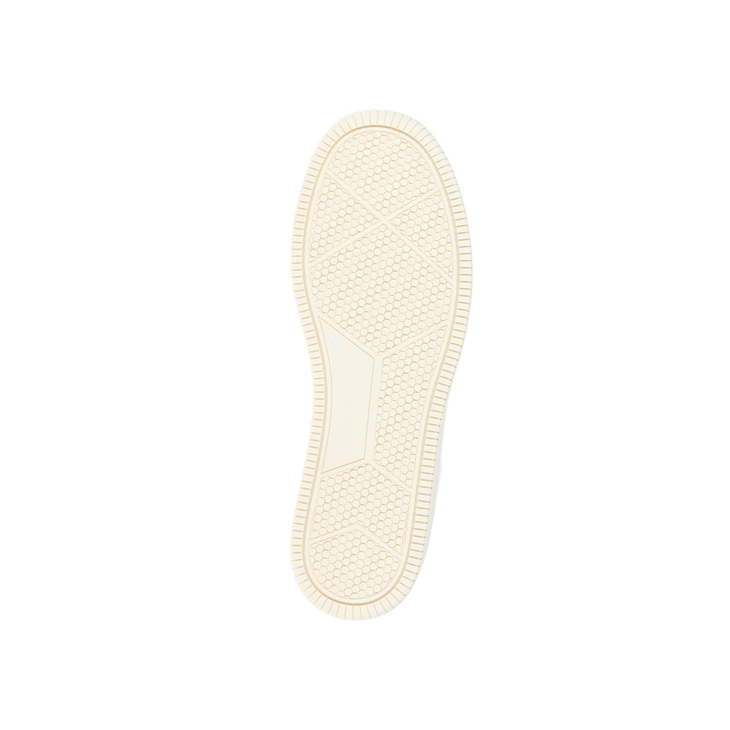 Der MoEa GEN1 Grapes Retro White & Black Sneaker verfügt über eine beigefarbene Laufsohle mit geometrischem Wabenprofil, das von unten auf weißem Hintergrund zu sehen ist - dieses tierversuchsfreie Design steht für nachhaltige Sneaker-Innovation.