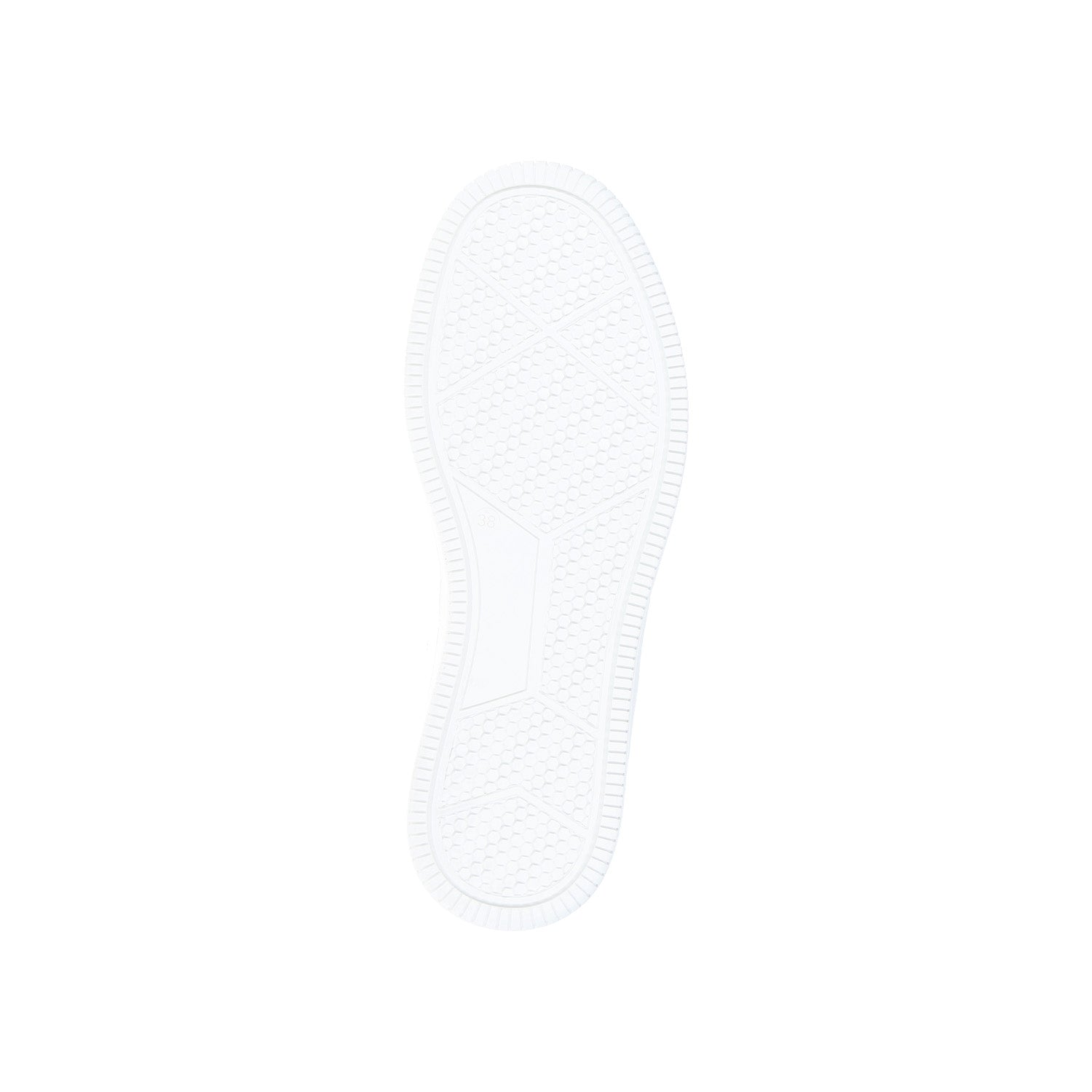 Der MoEa GEN1 Orange White & Orange zeichnet sich durch eine weiße Gummisohle mit Rauten, kleinen Punkten und einem geriffelten Rand aus - von unten auf einem einfarbig weißen Hintergrund dargestellt. Perfekt für bequeme, umweltfreundliche Schuhe.