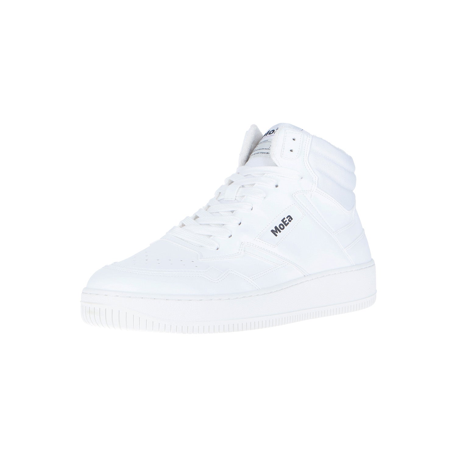 Der GEN1 Mid Grapes Full White von MoEa ist ein weißer High-Top-Sneaker mit Schnürsenkeln, gepolstertem Knöchelbereich und dem MoEa-Logo an der Seite. Er ist aus kohlenstoffarmem Biomaterial gefertigt und zeigt sich auf einem schlichten weißen Hintergrund.