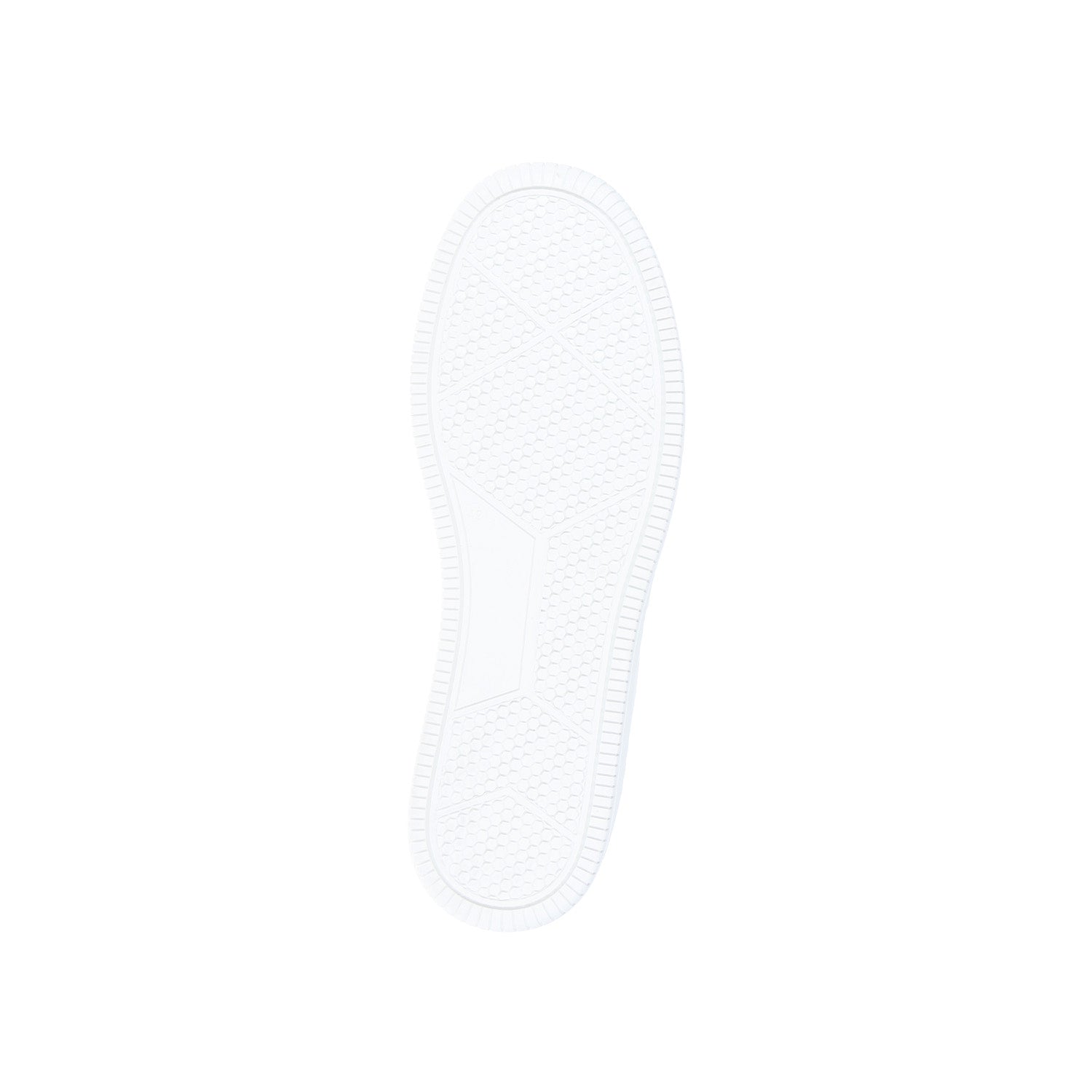Eine weiße Gummisohle mit einem strukturierten Muster und geriffelten Kanten auf einem einfarbig weißen Hintergrund - entworfen für den innovativen, tierfreien Sneaker GEN1 Mid Grapes Full White aus der GrapeSkin Sneaker-Kollektion von MoEa.