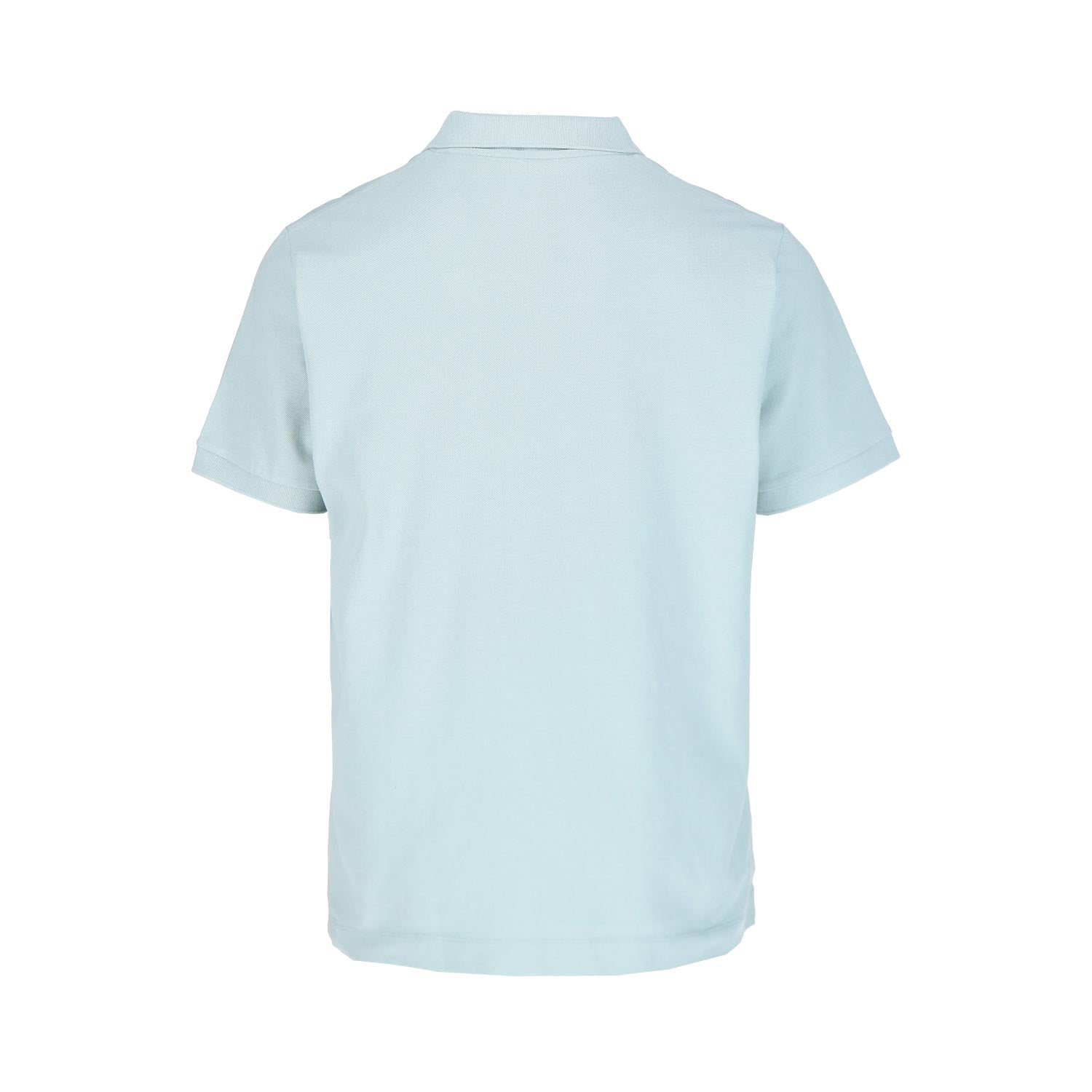 Das Leofels Polo Aloe von GNSBRND zeigt sich von hinten mit klassischem Kragen und geradem Saum, hergestellt aus Bio-Baumwolle. Präsentiert auf einfarbig weißem Hintergrund.
