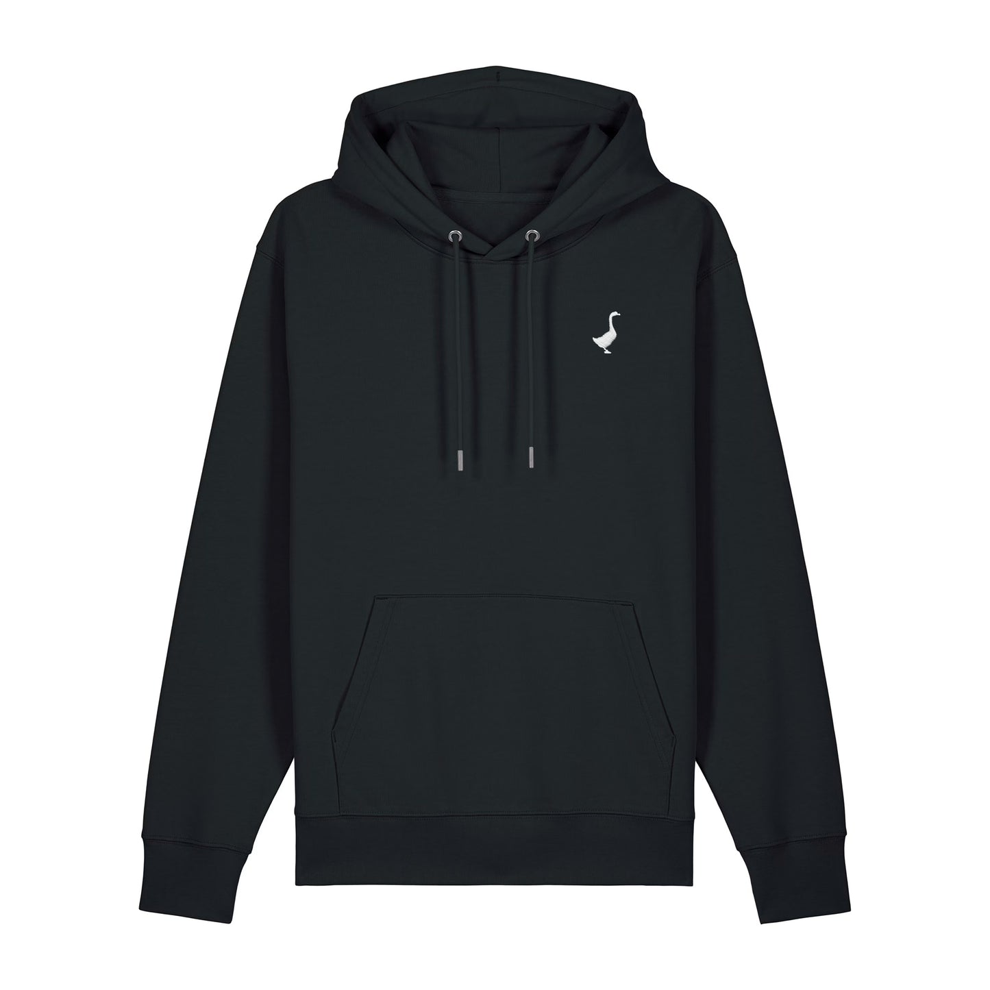 Der Kirchberg von GNSBRND ist ein schwarzer Kapuzenpullover in Unisex-Passform mit einer Fronttasche, Kordelzügen und einem kleinen weißen Gänselogo auf der linken Brust. Aus Bio-Baumwolle und recyceltem Polyester gefertigt, ist er perfekt für den täglichen Komfort.