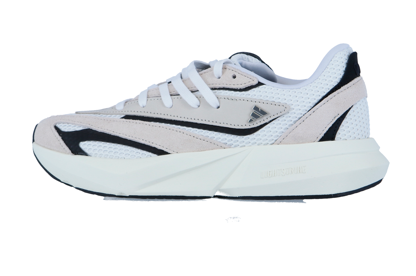 Die Adidas LIGHTBLAZE Sneaker für Frauen verfügt über ein weißes Mesh-Obermaterial, beige Wildleder-Overlays, schwarze Akzente, weiße Schnürsenkel und eine dicke weiße Sohle mit dem innovativen LIGHTSTRIKE Zwischensohle-ideal für beide Stil und Komfort.