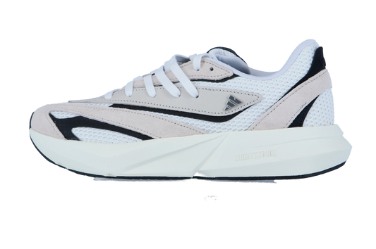 Die Adidas LIGHTBLAZE Sneaker für Frauen verfügt über ein weißes Mesh-Obermaterial, beige Wildleder-Overlays, schwarze Akzente, weiße Schnürsenkel und eine dicke weiße Sohle mit dem innovativen LIGHTSTRIKE Zwischensohle-ideal für beide Stil und Komfort.