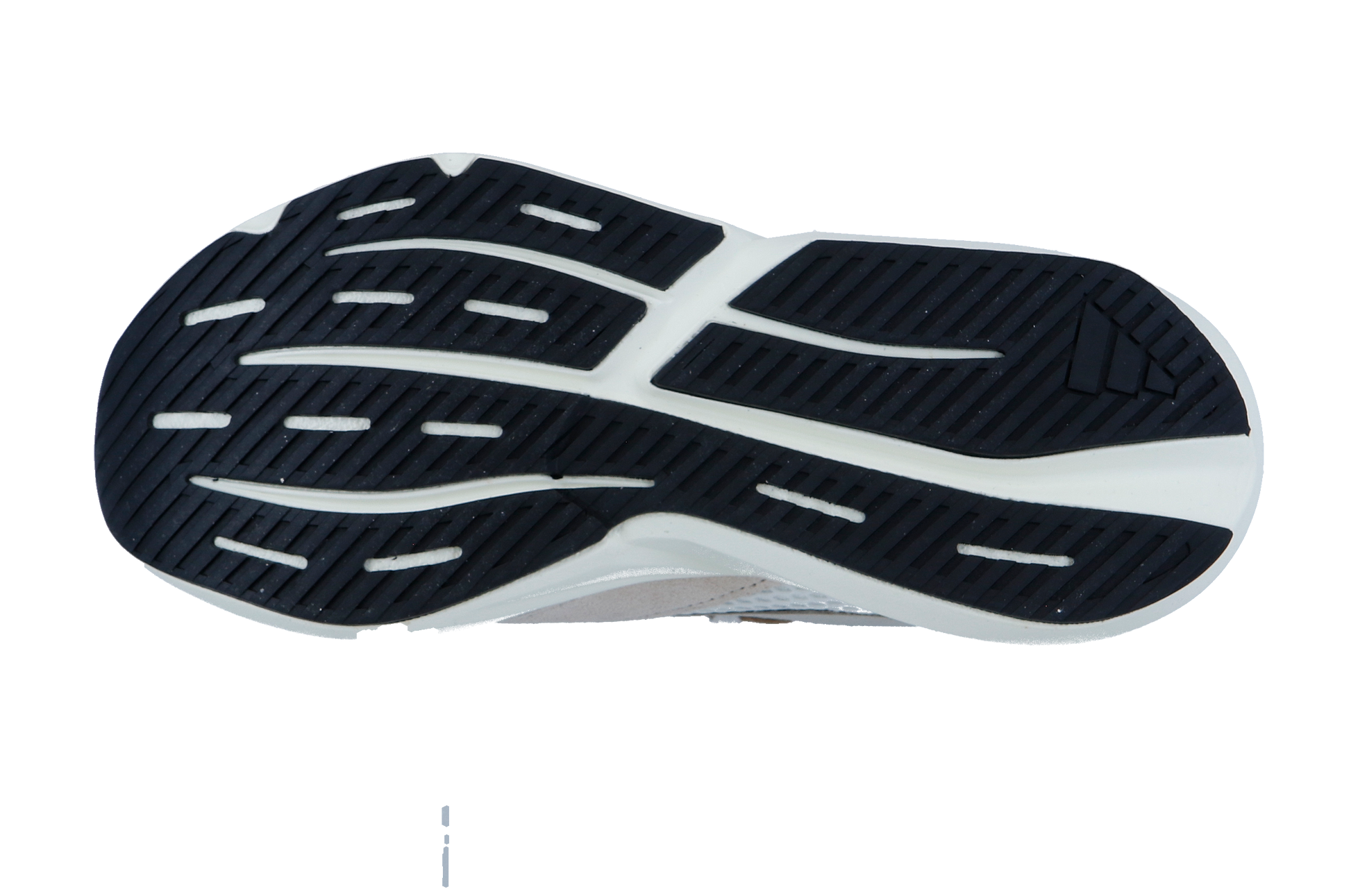 Das Bild zeigt die schwarze Gummisohle des Adidas LIGHTBLAZE, mit einer weißen LIGHTSTRIKE-Zwischensohle und einem Muster aus Rillen und erhabenen Linien für die Traktion.