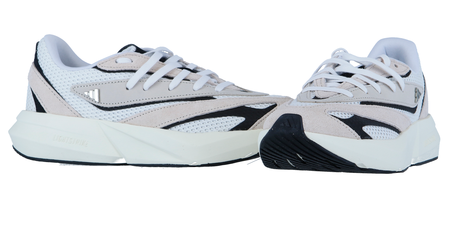 Ein Paar Adidas LIGHTBLAZE Sneaker für Frauen in Weiß und Beige mit schwarzen Akzenten, Mesh-Obermaterial, klobigen weißen Sohlen, weißen Schnürsenkeln und reaktionsfreudiger LIGHTSTRIKE-Technologie, dargestellt auf einem schlichten weißen Hintergrund.
