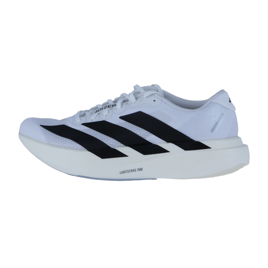 Der Adidas adizero Evo SL W ist ein weißer Laufschuh mit drei auffälligen schwarzen Streifen. Er trägt seinen Namen auf der Zunge und die Lightstrike Pro-Dämpfung in der Sohle sorgt für ein modernes, leichtes Tragegefühl.