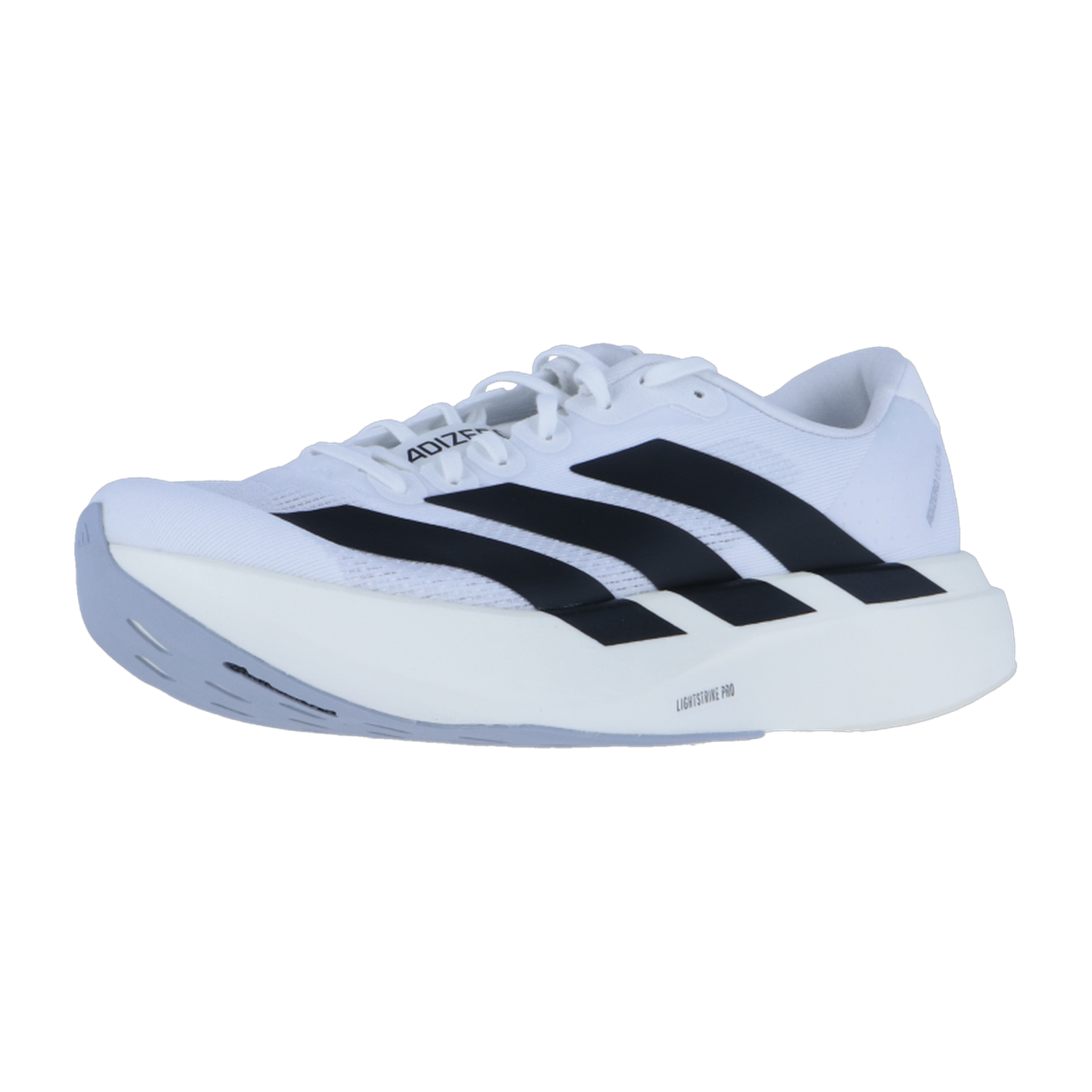 Der adidas adizero Evo SL W ist ein Laufschuh für Damen mit schwarzen Streifen, einem Obermaterial aus Mesh, einer dicken, gebogenen Sohle und einer reaktionsfreudigen Lightstrike Pro Dämpfung für leichte Performance.