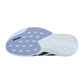 Das Bild zeigt die Sohle des Adidas adizero Evo SL W, mit einem hellblauen und weißen Design mit ovalen Aussparungen, Lightstrike Pro Dämpfung und einem kleinen Continental-Logo in der Nähe der Ferse.