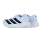 Ein Paar weiße Adidas adizero Evo SL W Schuhe mit schwarzen Streifen, dicken weißen Sohlen und Lightstrike Pro Dämpfung Text auf der Seite, auf einem einfachen weißen Hintergrund gezeigt.