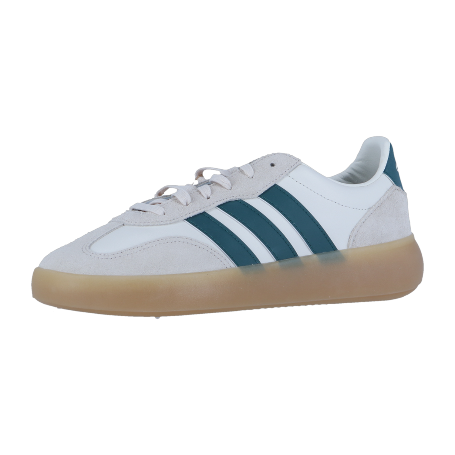 Der Adidas BARREDA DECODE LUX Sneaker in Weiß und Hellgrau zeigt sich mit blaugrünen Streifen und einer durchscheinenden Gummisohle, die sich in der Seitenansicht vor einem schlichten weißen Hintergrund abzeichnet.