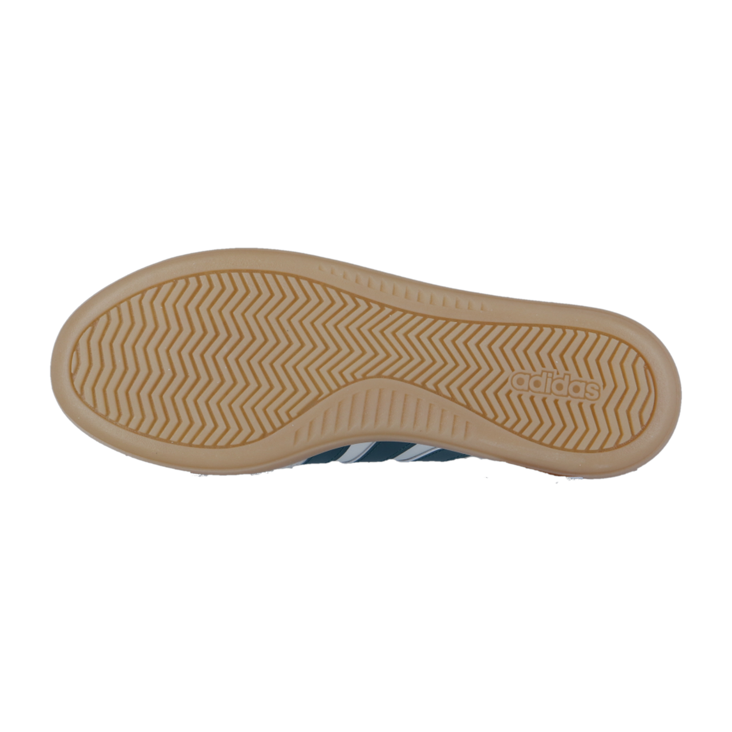 Die Sohle des adidas BARREDA DECODE LUX zeigt eine hellbraune Gummilaufsohle mit Fischgrätprofil und das adidas Logo an der Ferse. Dieser hochwertige Ledersneaker vereint luxuriöses Design und Komfort.