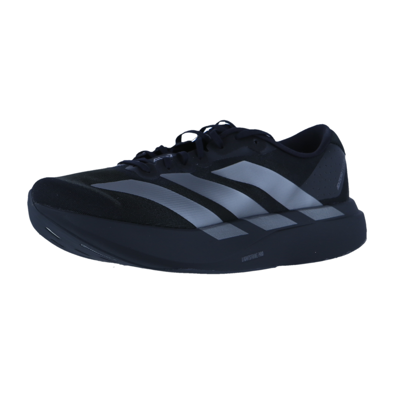 Der Adidas adizero Evo SL M ist ein schwarzer Laufschuh für Männer mit silbernen Streifen, schwarzen Schnürsenkeln und einer dicken, dunklen Lightstrike Pro-Zwischensohle, die von der Seite auf einem einfarbig weißen Hintergrund gezeigt wird.
