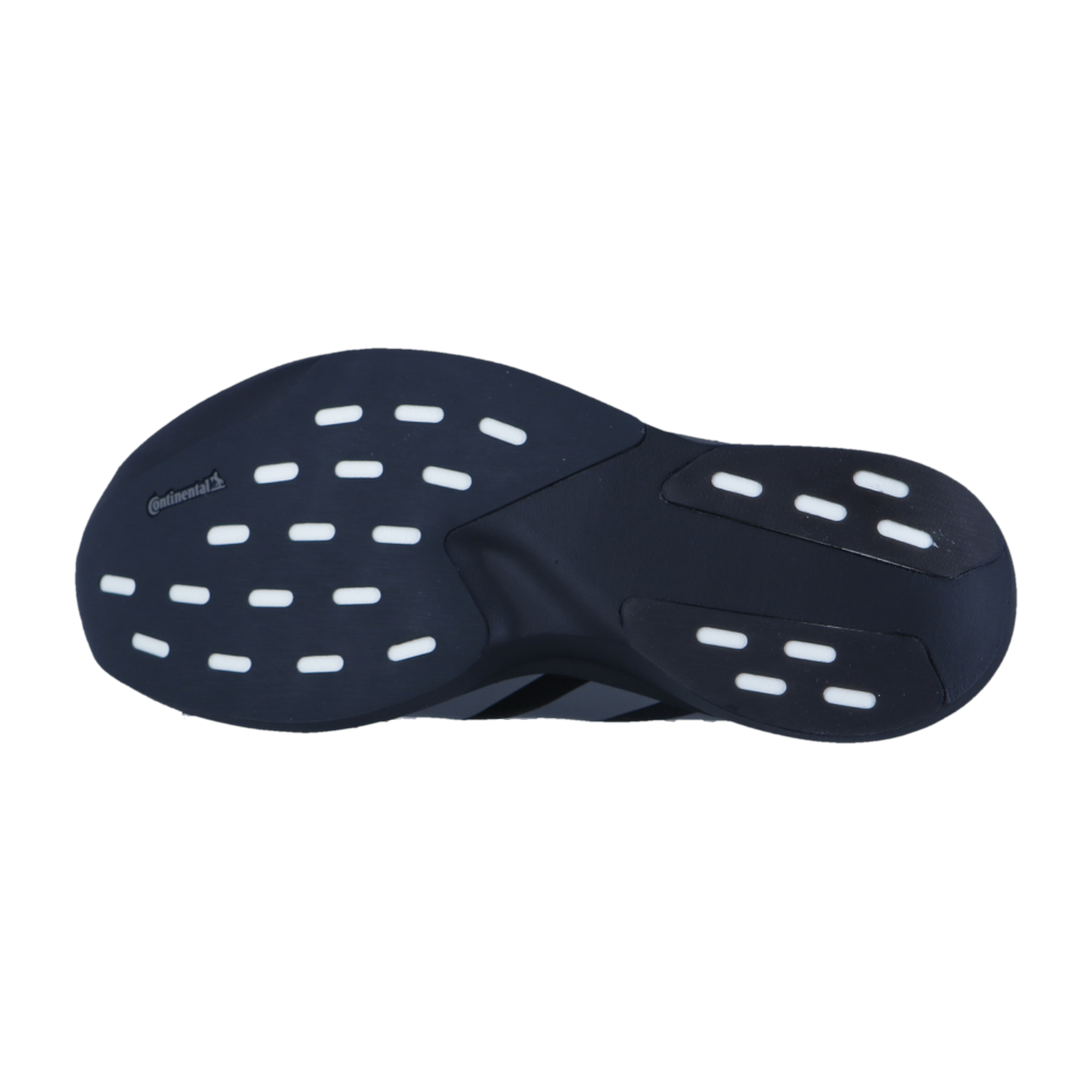 Das Bild zeigt die schwarze Gummilaufsohle des Adidas adizero Evo SL M mit weißem, rechteckigem Griffmuster und dem Continental-Logo im Fersenbereich, fotografiert vor einem schlichten weißen Hintergrund.