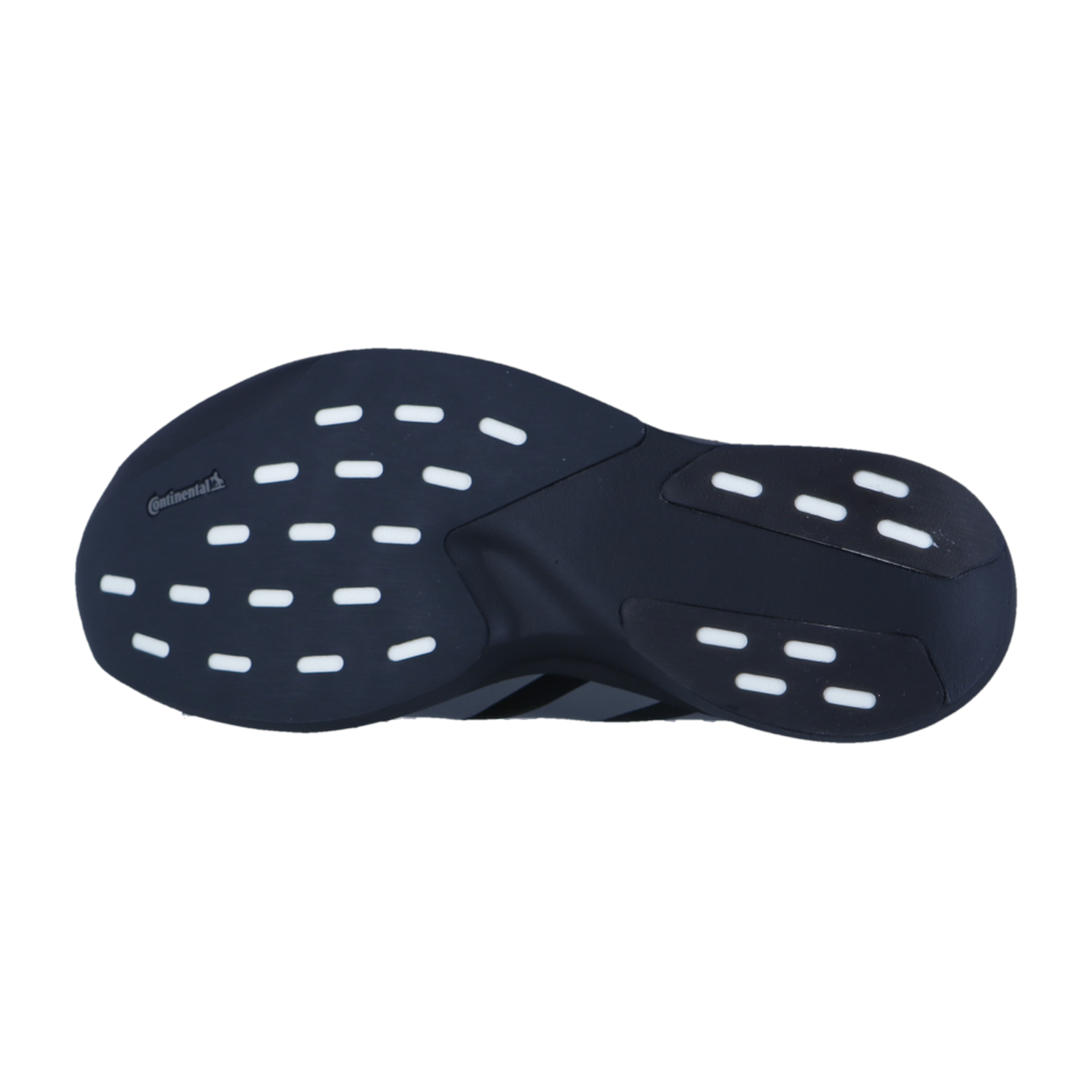 Das Bild zeigt die schwarze Gummilaufsohle des Adidas adizero Evo SL M mit weißem, rechteckigem Griffmuster und dem Continental-Logo im Fersenbereich, fotografiert vor einem schlichten weißen Hintergrund.