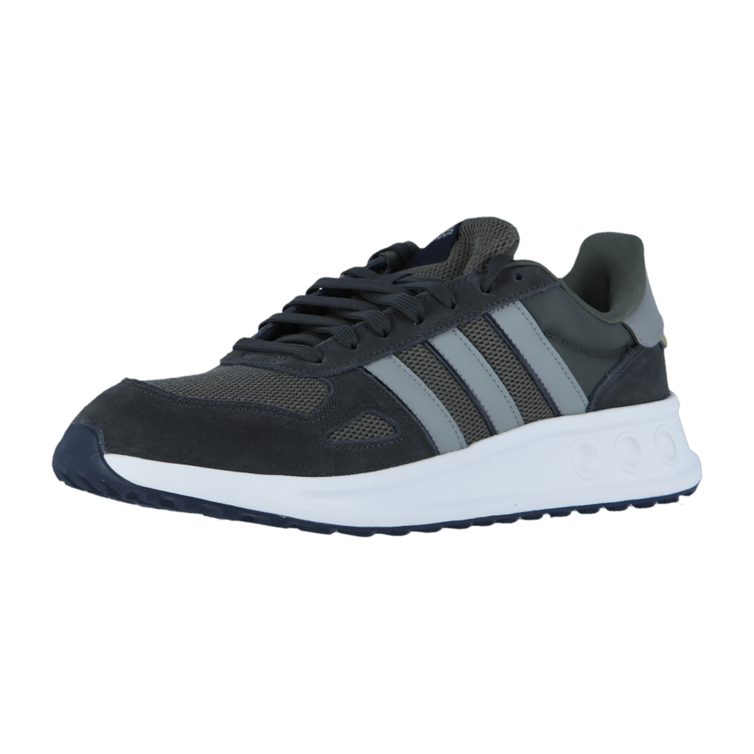 Der Adidas RUN 84 Retro-Runner hat ein schwarzes und dunkelgraues Design mit hellgrauen Streifen, Mesh- und Wildlederakzenten, einer weißen gepolsterten Sohle und einer dunkelblauen Laufsohle auf weißem Hintergrund.