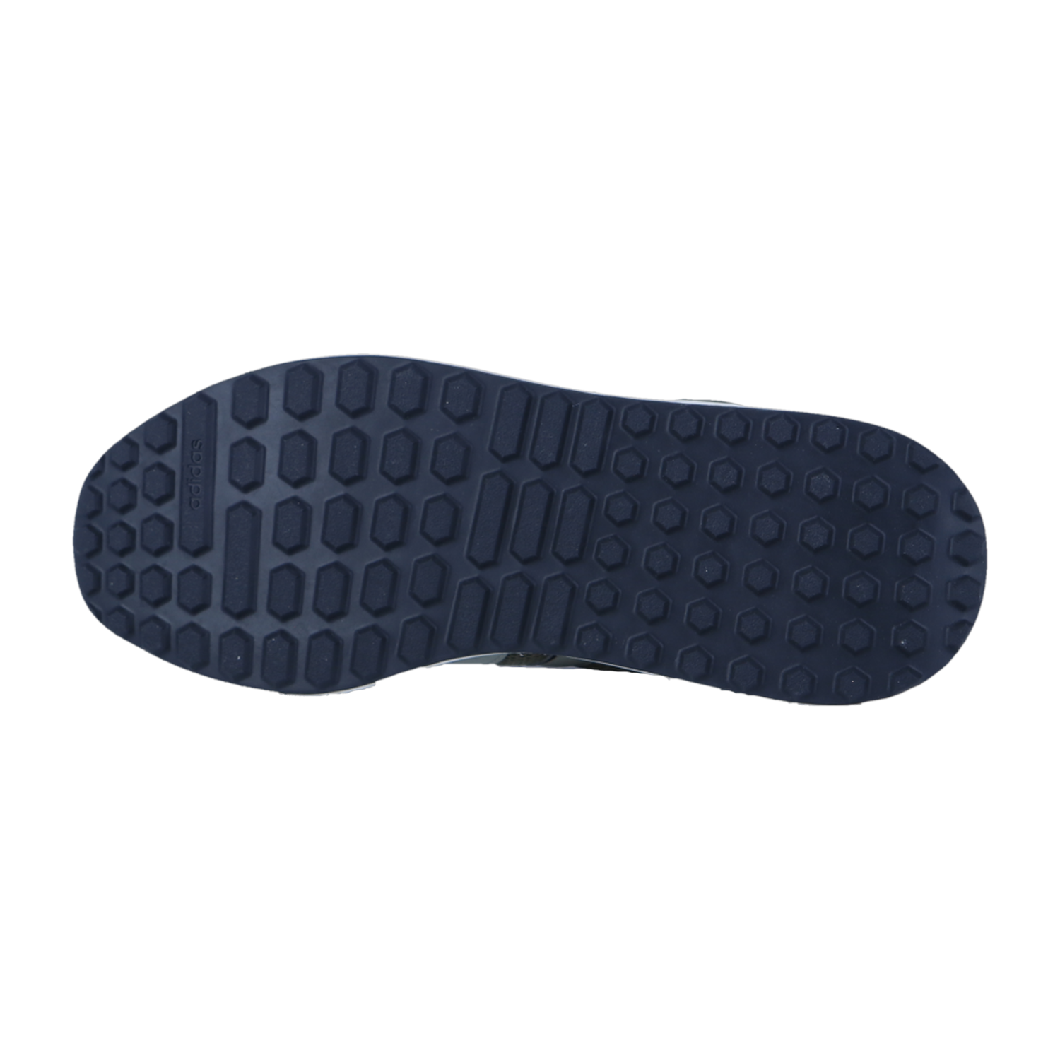 Das Bild zeigt die Unterseite eines Adidas RUN 84 Schuhs, mit einer dunkelblauen Sohle mit einem strukturierten sechseckigen Muster für Grip und Traktion, inspiriert vom klassischen Retro-Runner Sneaker 80er Style.