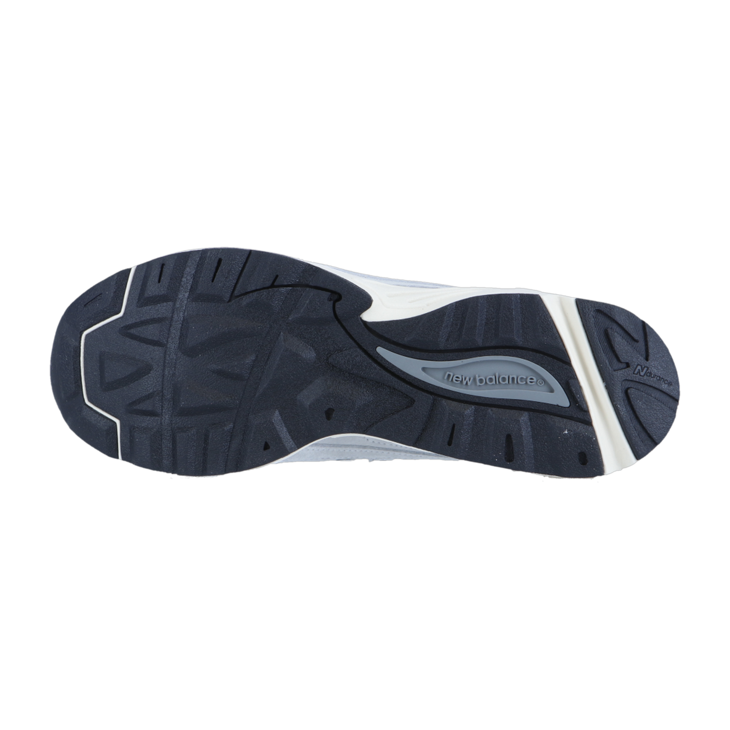 Das Bild zeigt die schwarz-weiße Gummilaufsohle des New Balance CM878V1 mit dem Logo, einem strukturierten Profil für Grip und Traktion und der ABZORB-Dämpfung.