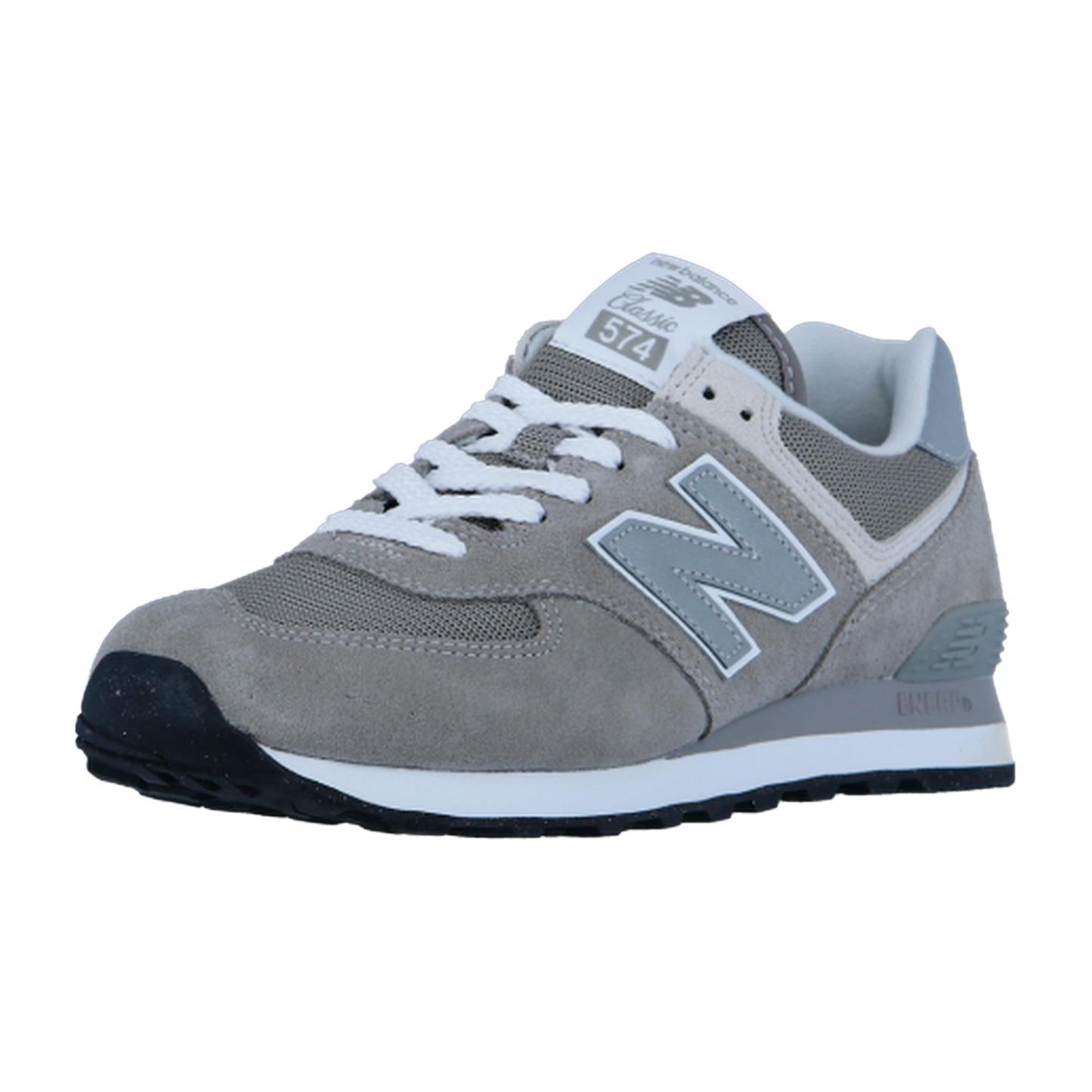Der New Balance ML574V3 Retro-Sneaker in Grau und Weiß zeigt ein großes N-Logo, weiße Schnürsenkel, eine schwarze Gummisohle mit ENCAP-Technologie, dargestellt von der Vorderseite auf einem weißen Hintergrund.