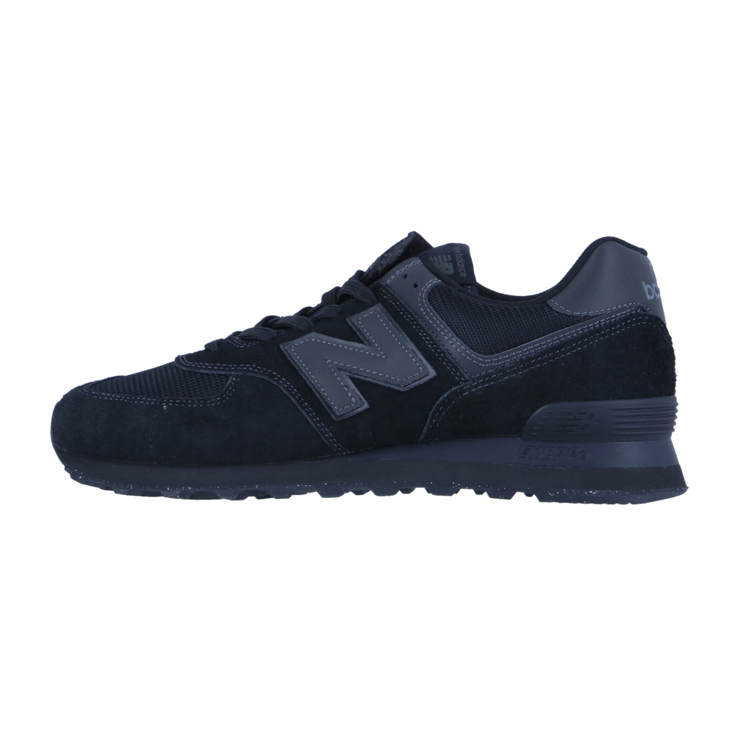 Der New Balance ML574V3 Retro-Sneaker hat ein schwarzes Obermaterial aus Wildleder und Mesh, ein dunkelgraues N-Logo, schwarze Schnürsenkel, ENCAP-Dämpfung und eine strukturierte Sohle, die von der Seite auf einem schlichten weißen Hintergrund gezeigt wird.