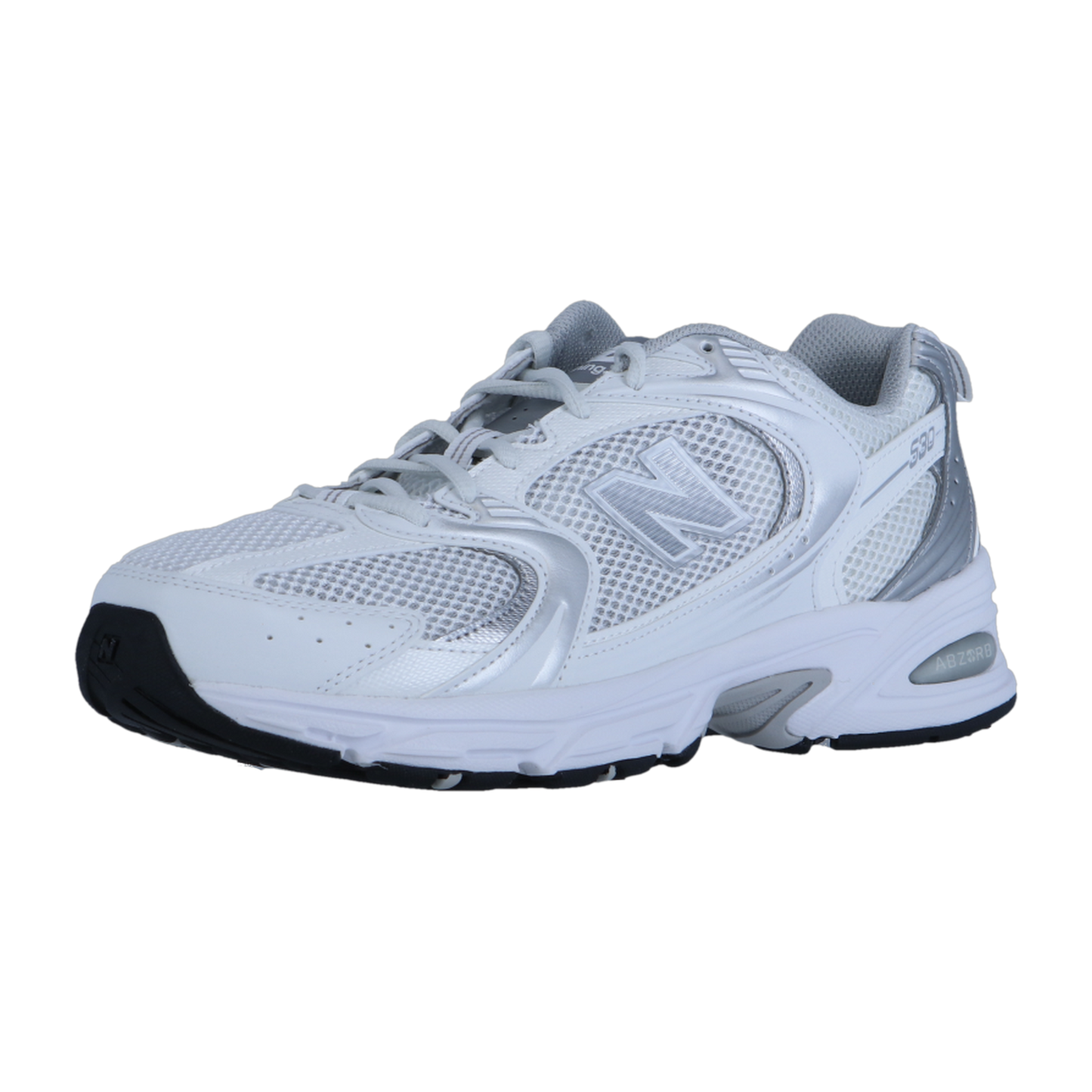 Der New Balance MR530 ist ein weiß-silberner Sportschuh mit Mesh-Einsätzen, grauen Akzenten, schwarzer Sohle, dem kultigen N-Logo und ABZORB-Dämpfung - eine stilvolle Anspielung auf die 2000er Jahre.