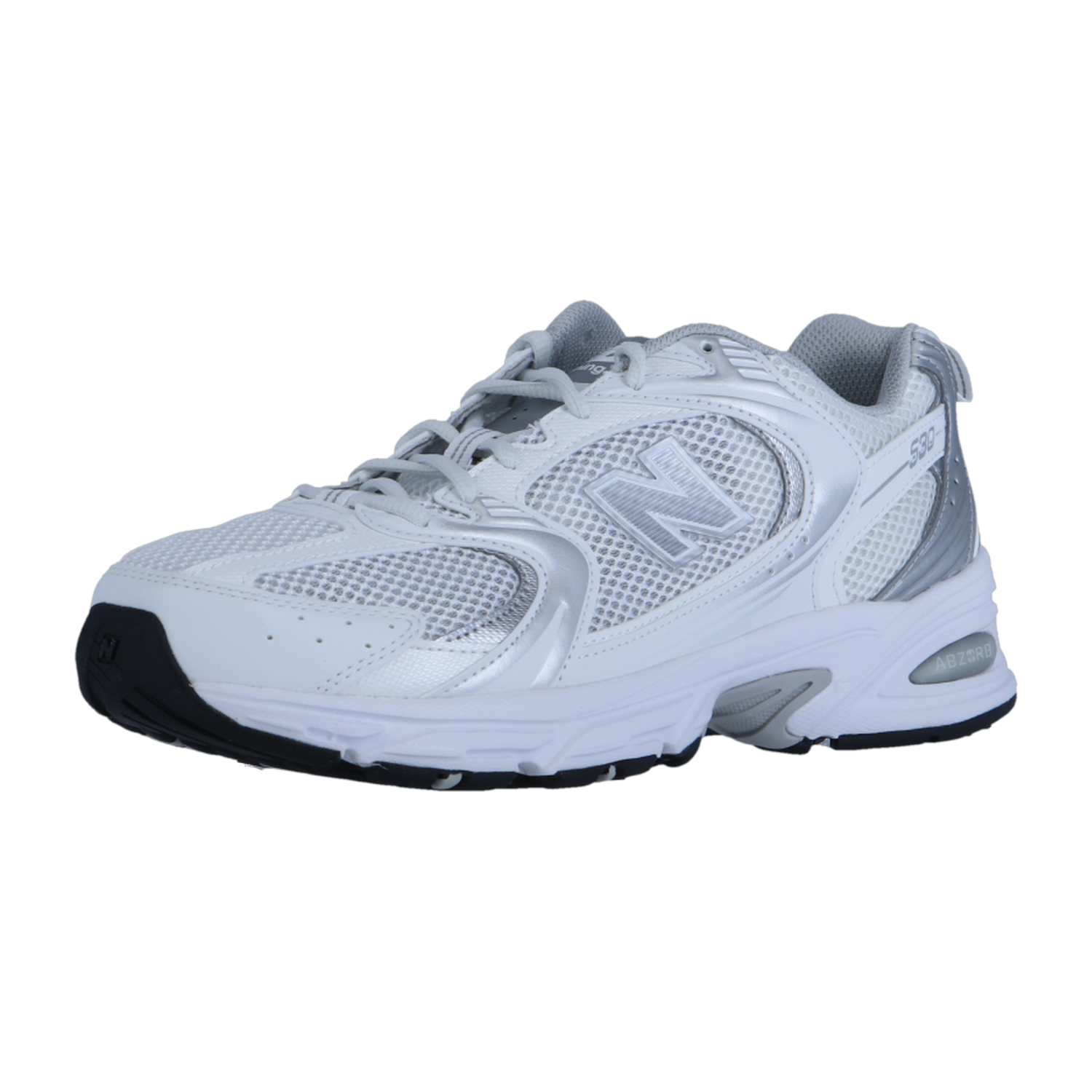 Der New Balance MR530 ist ein weiß-silberner Sportschuh mit Mesh-Einsätzen, grauen Akzenten, schwarzer Sohle, dem kultigen N-Logo und ABZORB-Dämpfung - eine stilvolle Anspielung auf die 2000er Jahre.
