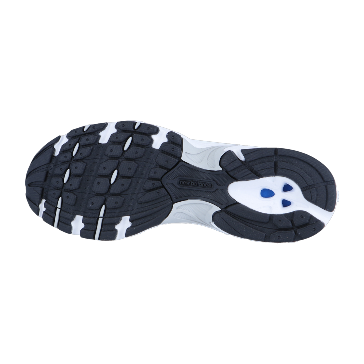 Eine schwarz-weiße New Balance MR530 Sneaker-Laufsohle mit strukturiertem Grip, ABZORB-Dämpfung und zwei blauen ovalen Akzenten in der Nähe der Ferse, die an den Running-Revival-Stil der frühen 2000er Jahre erinnern.