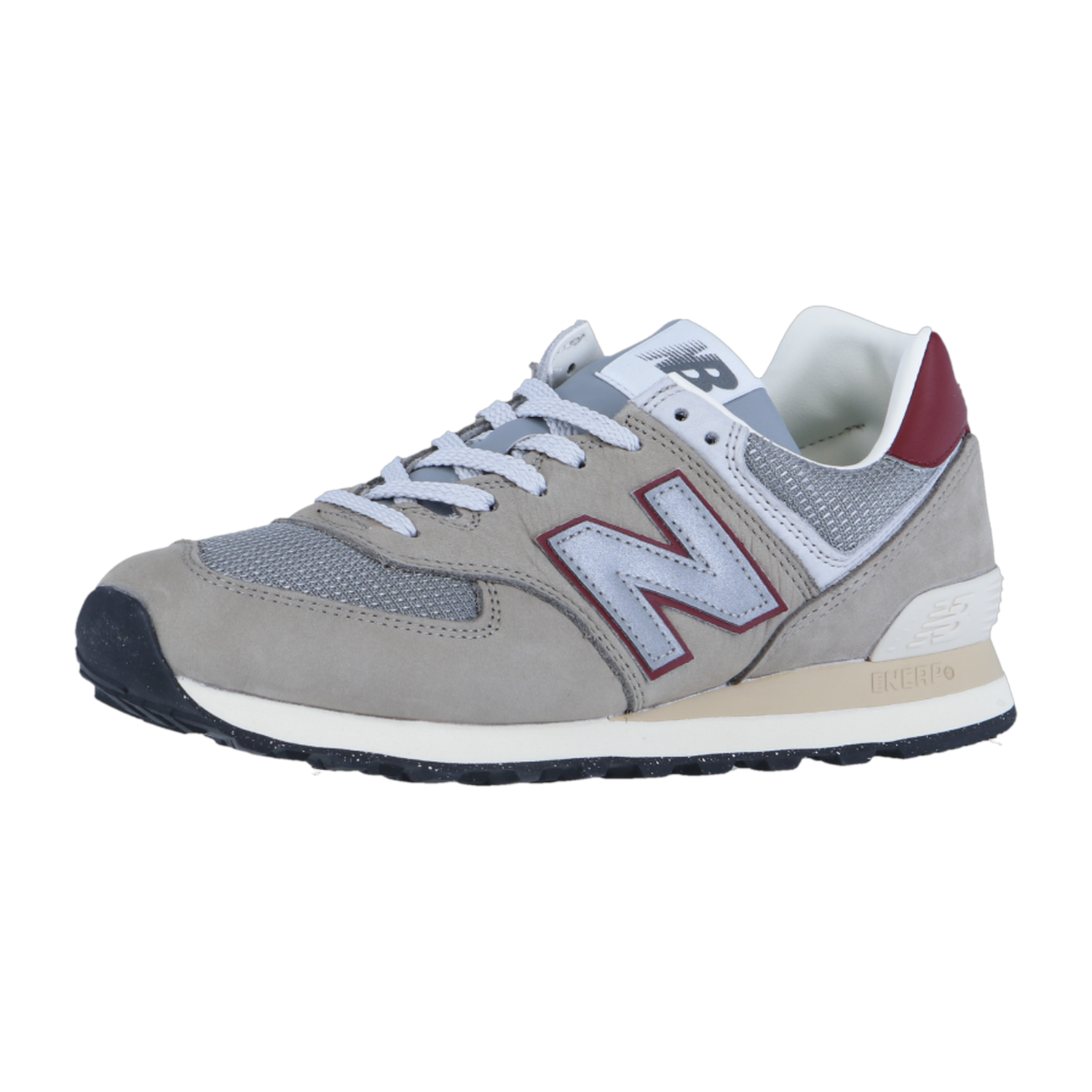 Der New Balance U574V2 hat ein grau-weißes Design mit rotem "N"-Logo, weißen Schnürsenkeln, dunkelgrauer Sohle mit ENCAP-Dämpfung und kastanienbraunen Fersenakzenten.