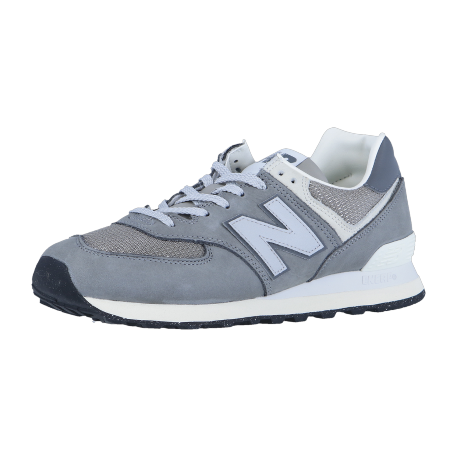 Der New Balance U574V2 ist ein grauer Retro-Sneaker mit weißen und dunkelgrauen Akzenten, einem weißen N-Logo, weißen Schnürsenkeln und einer schwarz-weißen Sohle mit ENCAP-Mittelsohlentechnologie, die auf einem schlichten weißen Hintergrund dargestellt ist.