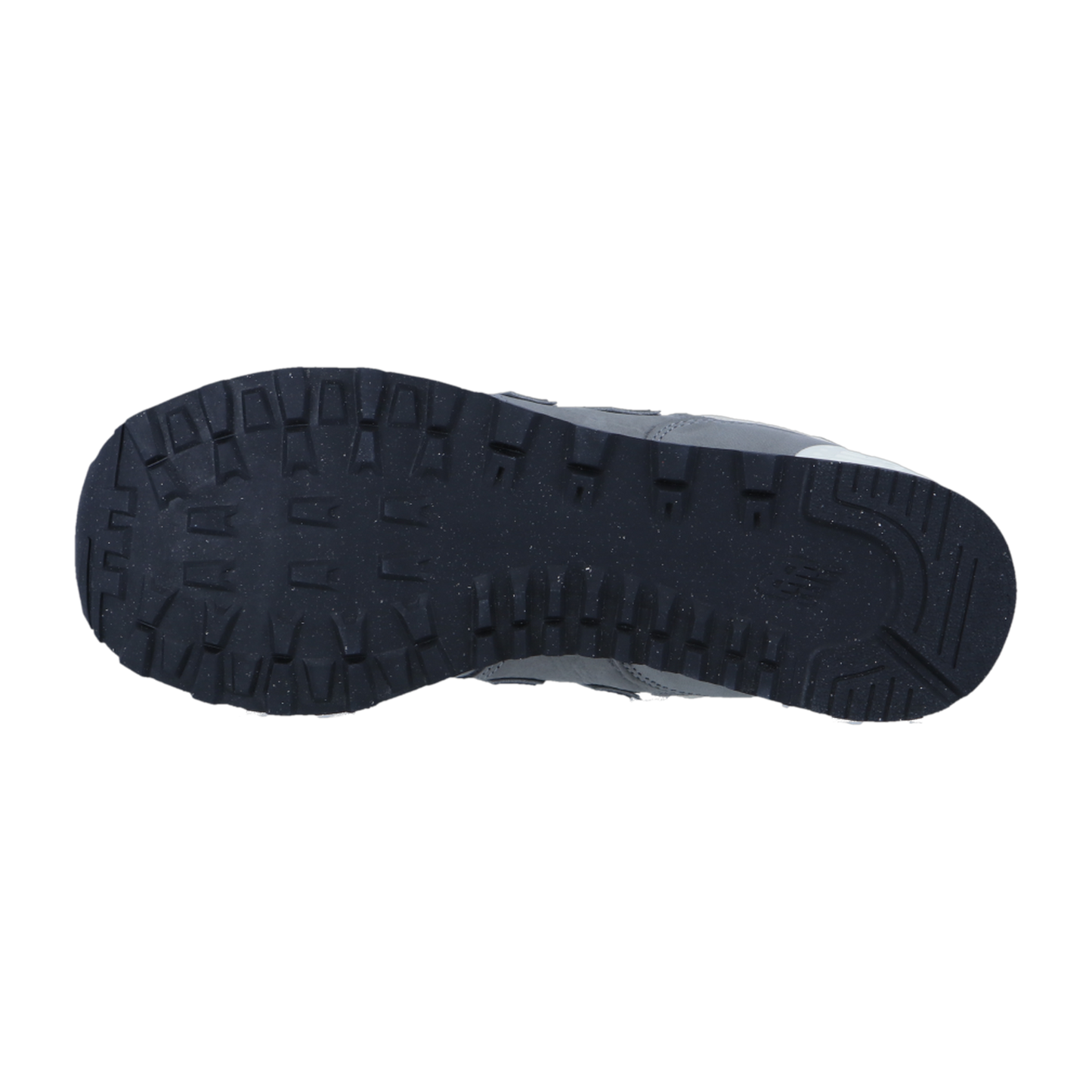 Der New Balance U574V2 verfügt über eine schwarze Gummisohle mit einem strukturierten, gemusterten Profil für Grip, das auf einem schlichten weißen Hintergrund dargestellt wird.