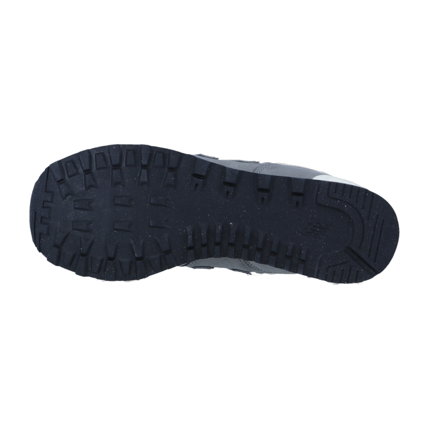Der New Balance U574V2 verfügt über eine schwarze Gummisohle mit einem strukturierten, gemusterten Profil für Grip, das auf einem schlichten weißen Hintergrund dargestellt wird.