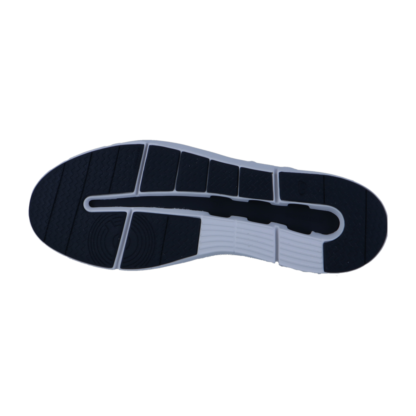 Das Bild zeigt die Außensohle des Sneakers On THE ROGER ADVANTAGE, die sich durch ein schwarz-weißes Farbschema mit horizontalen Rillen und einem wellenförmigen Profil für Grip und Flexibilität auszeichnet, inspiriert von der Schweizer Technologie.