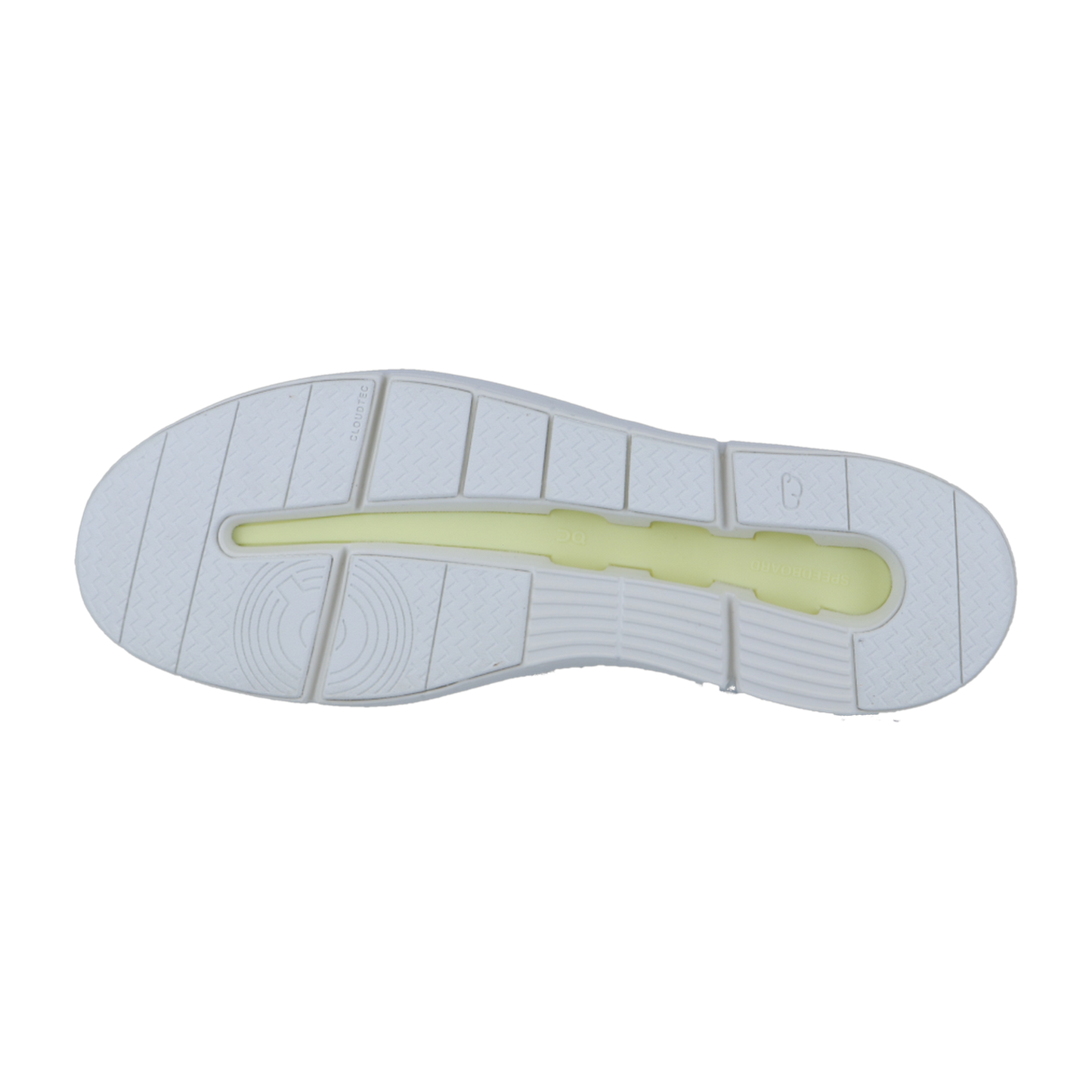 Die Abbildung zeigt die Unterseite des Sneakers THE ROGER ADVANTAGE von On mit einem gelblichen, durchscheinenden Streifen, strukturierten Traktionsrillen, einem Obermaterial aus veganem Leder und einer hervorragenden CloudTec-Dämpfung.