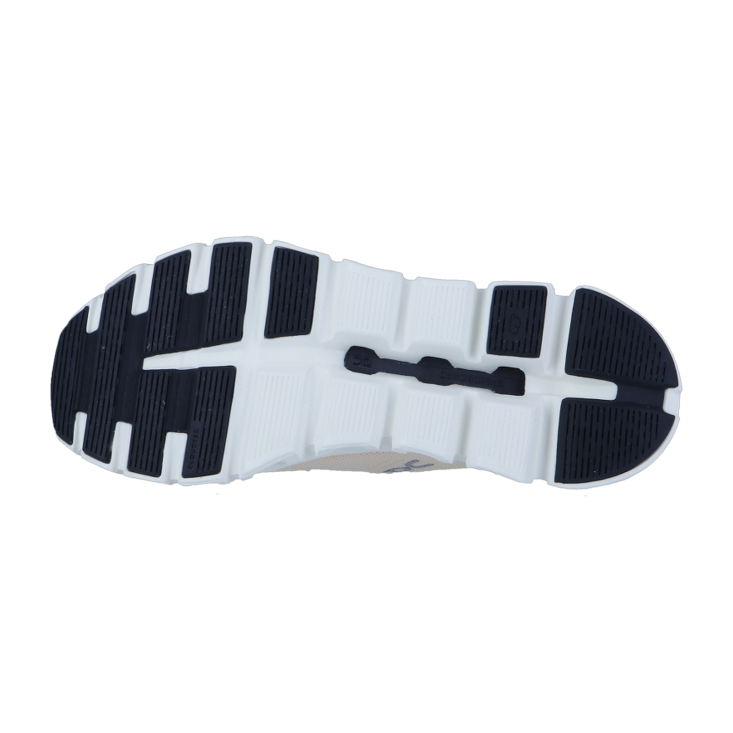Das Bild zeigt die Unteransicht des On CLOUD 6 COAST Sneakers. Seine meist weiße Außensohle hat schwarze Gummiprofile, ein geriffeltes Profil für Grip und Flexibilität und hebt die fortschrittliche CloudTec-Dämpfung für außergewöhnlichen Komfort hervor.
