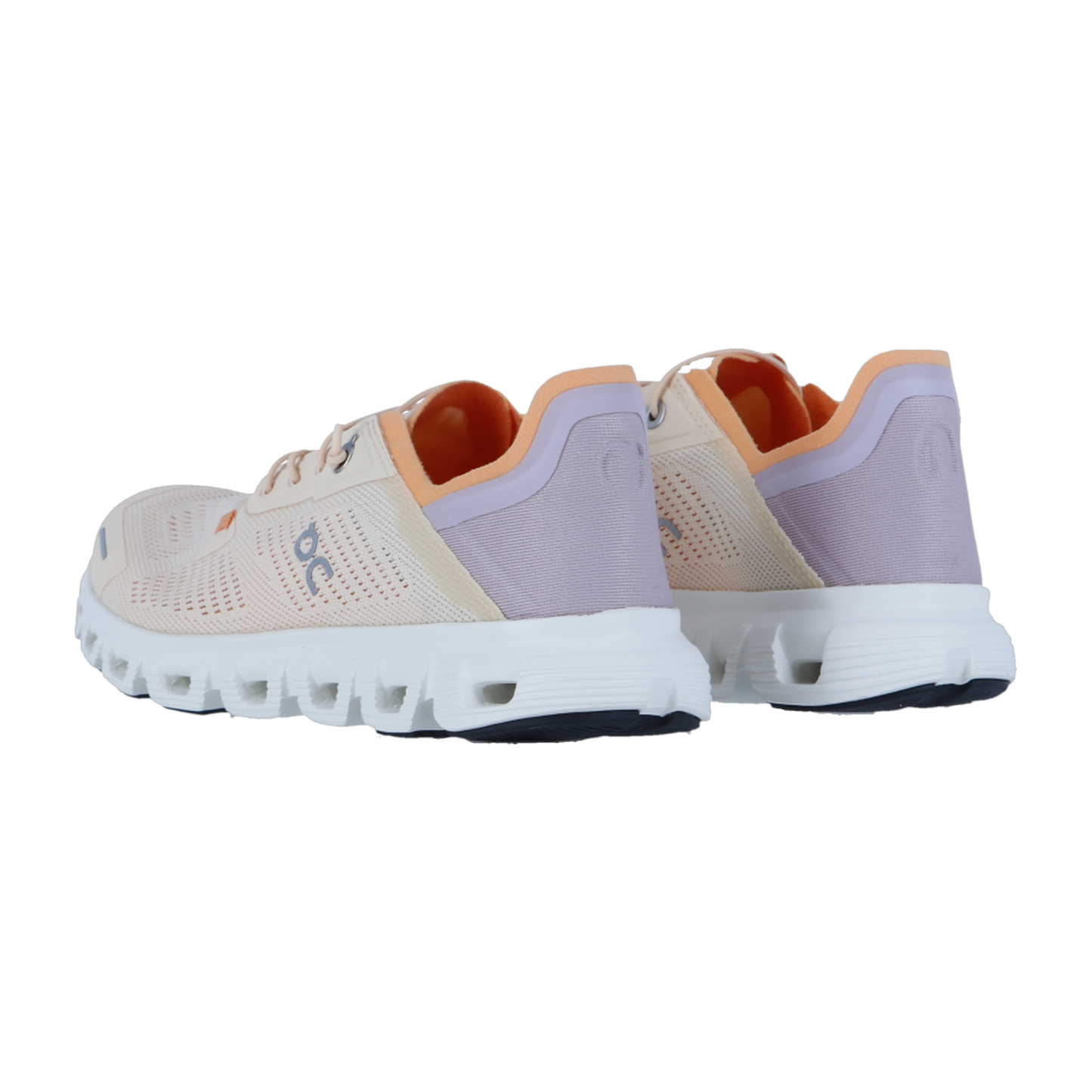 Ein Paar On CLOUD 6 COAST Sneakers in hellrosa und creme mit pfirsich- und lavendelfarbenen Akzenten, CloudTec Dämpfung, atmungsaktives Mesh, weiße Sohlen und marinefarbenes Profil. Abgebildet auf einem weißen Hintergrund von den Außenseiten und der Rückseite.
