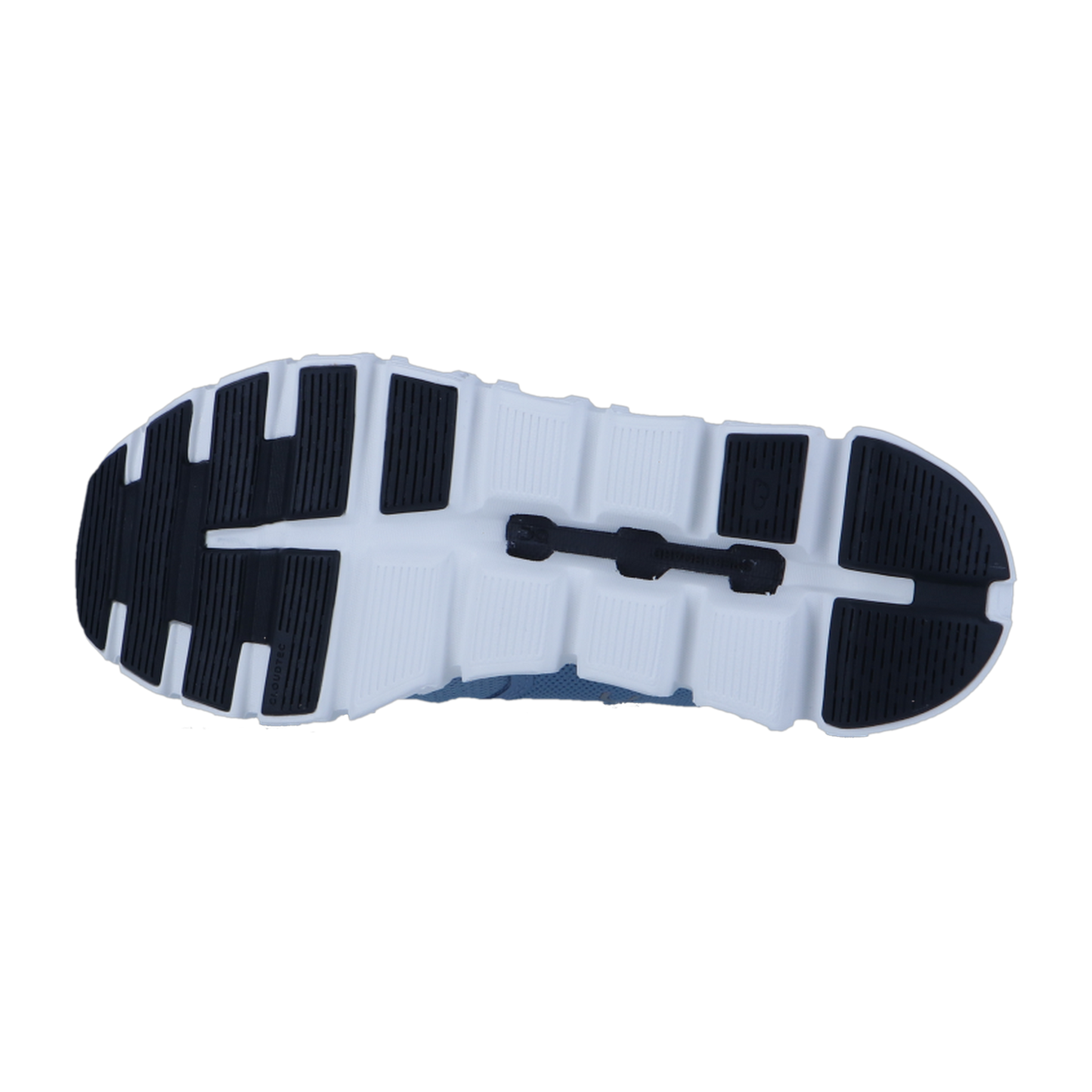 Das Bild zeigt die Sohle des On CLOUD 6 Sneakers, mit einer weißen Basis mit schwarzem strukturierten Griff für Traktion und CloudTec Dämpfung. Der Hintergrund ist einfarbig weiß.