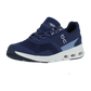 Marineblauer CLOUDRIFT Sport-Sneaker von On mit Mesh-Einsätzen und weißer CloudTec-Sohle mit sichtbaren Dämpfungslöchern. Das "OC"-Logo befindet sich an der Seite. Der Schuh ist auf einem schlichten weißen Hintergrund zu sehen.