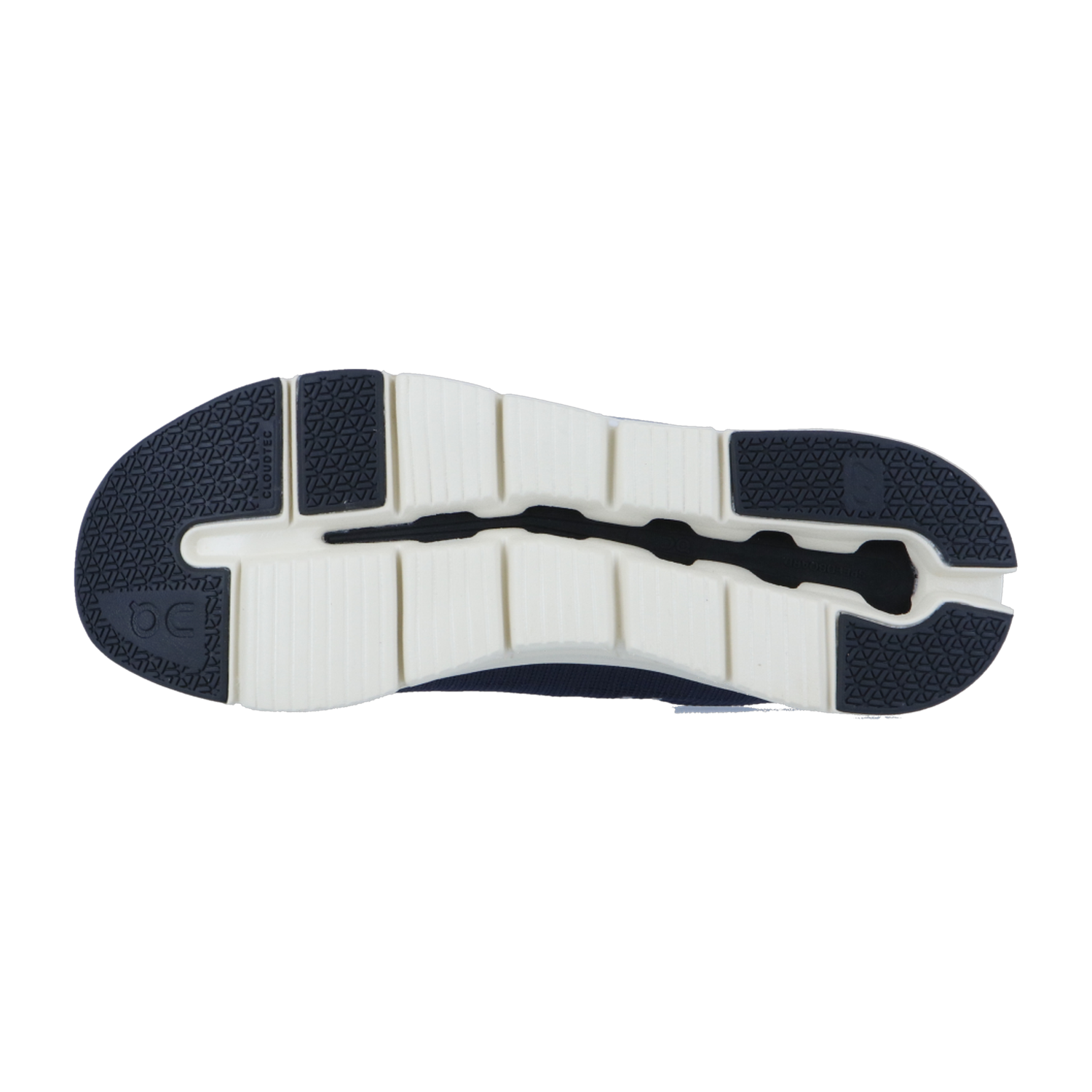 Das Bild zeigt die Außensohle des On CLOUDRIFT-Sneakers und hebt ein segmentiertes Profil mit weißem und dunkelblauem Gummi für Flexibilität, Grip und fortschrittliche CloudTec-Dämpfung hervor.