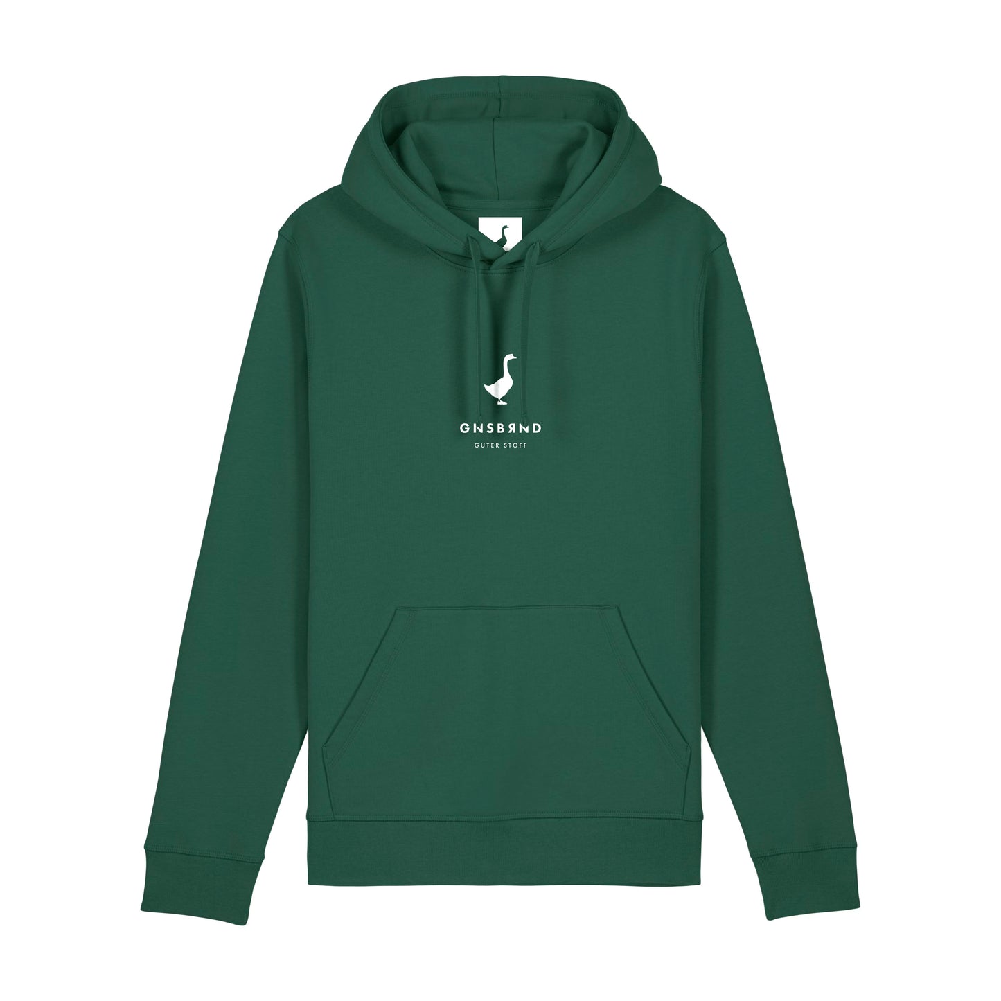 Der Schuettberg Hoodie von Der Stall kommt in waldgrünem Khaki, hergestellt aus Bio-Baumwolle und recyceltem Polyester. Zur Ausstattung gehören eine Fronttasche, eine verstellbare Kapuze mit Kordelzug und ein weißes Schwanenlogo über "ONSBAND OUIST BODY" auf der Brust.