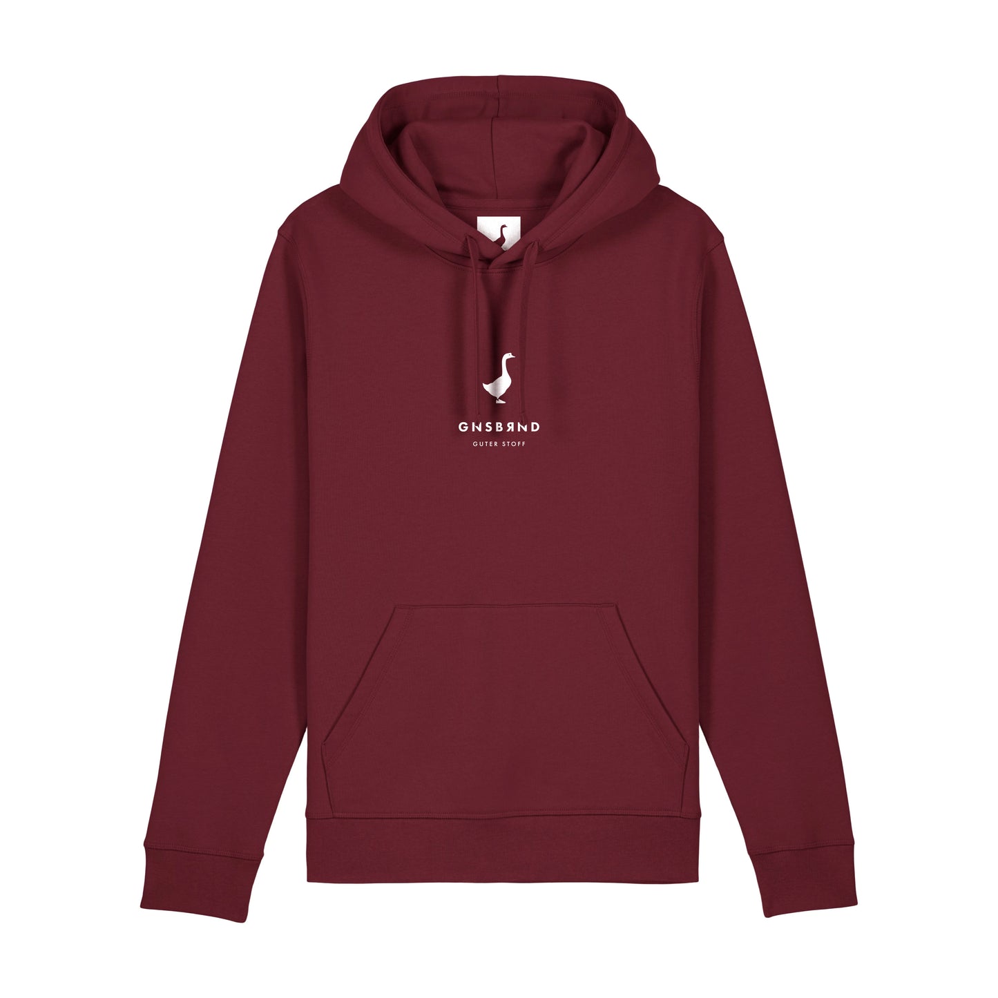 Der Schuettberg Hoodie von Der Stall ist ein kastanienbraunes Sweatshirt aus Bio-Baumwolle mit Kapuze, Vordertasche und weißem, minimalistischem Katzenlogo sowie den Texten "CHSBAND" und "quiet story" auf der Brust.